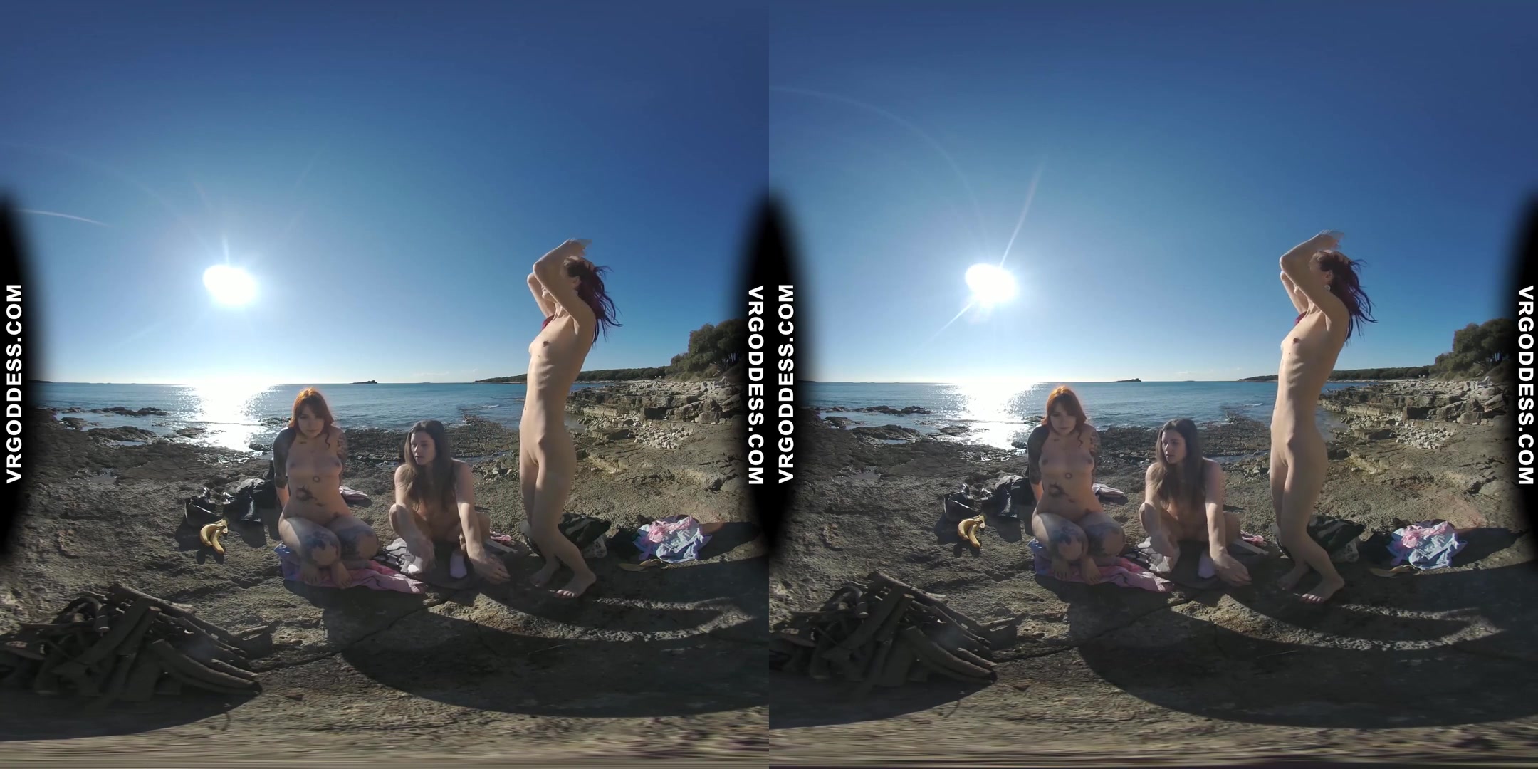 3 Hot Girls Getting Naked On Beach During Winter Making Fire Eating Bananas Dancing