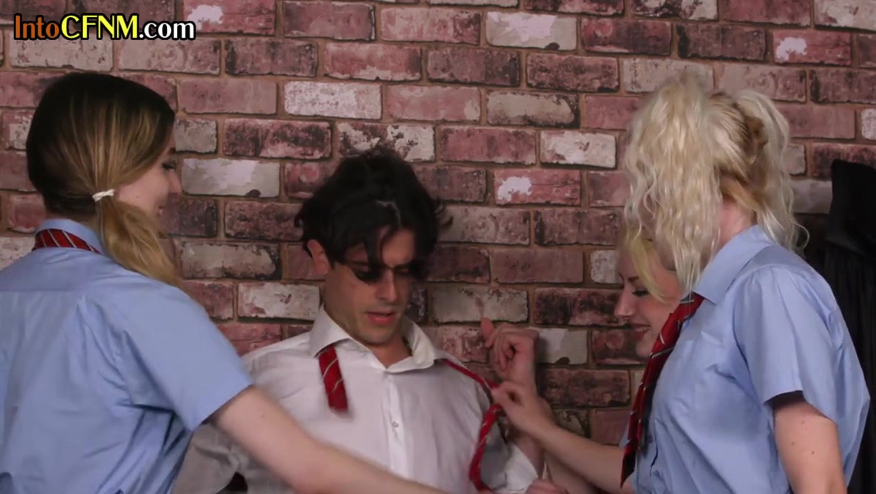 CFNM college sluts blowing colleague cock in group action