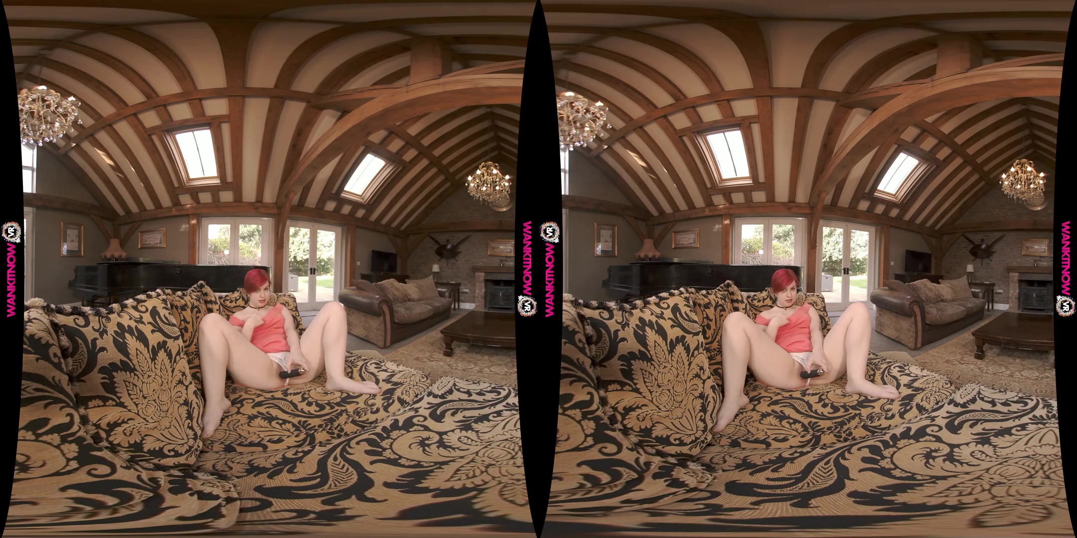 Caught In The Act - Hot Short-Haired Redhead Playing on the Couch