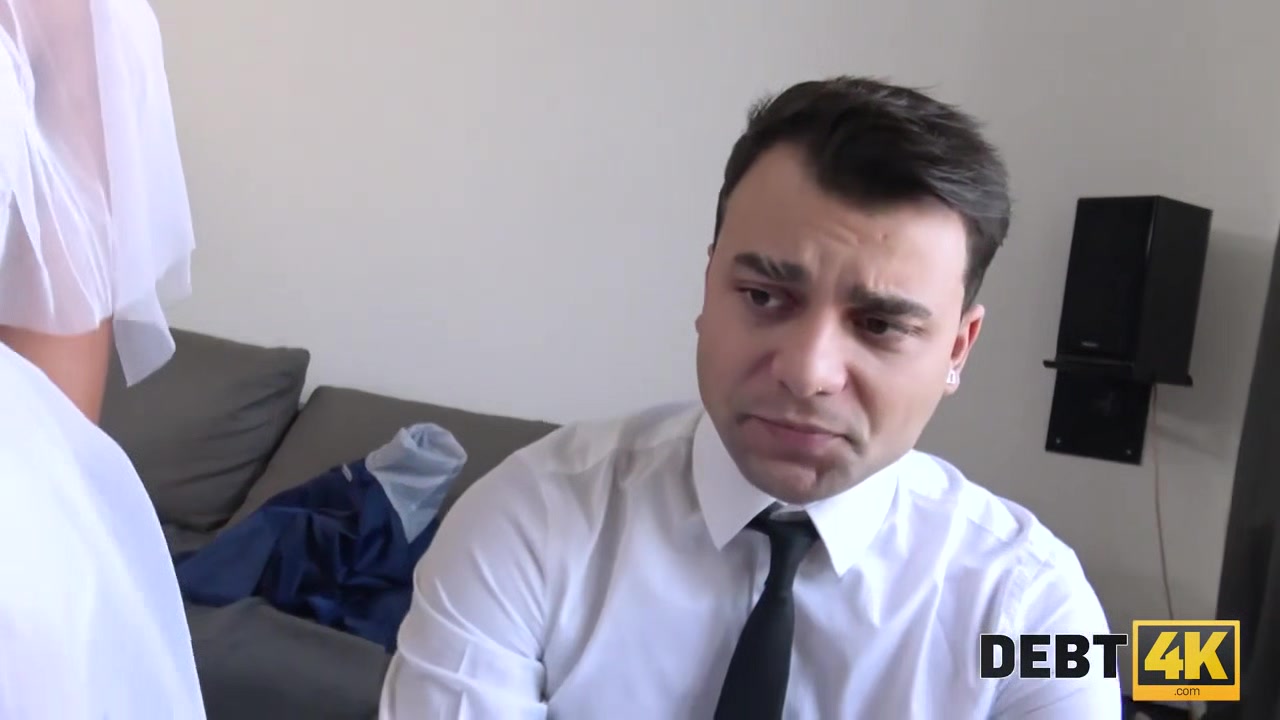 DEBT4k. Slutty young wife cheats on husband for cash in front of him