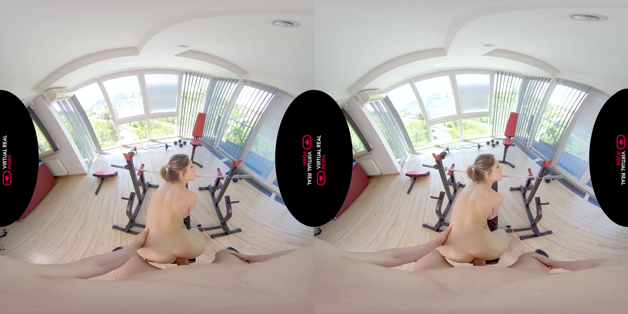 Weight Bench - Hot babe in yoga pants gives you a blowjob and then fucks you