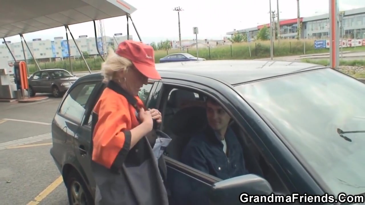 Blonde Old Woman Pleases Two Strangers In The Fields