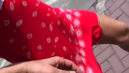 Public oral pleasure from golden-haired in red costume