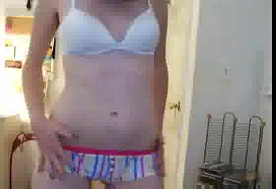 Pussycat poses in front of the webcam in stripped undies