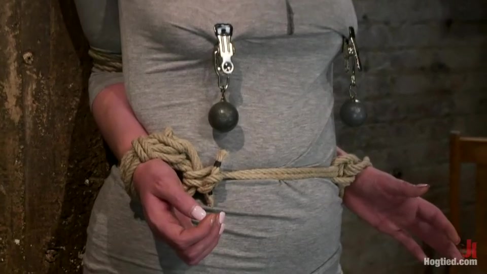 Redhead with cute freckles bound tightly & made to cum! Big puffy nipples clamped & weighted