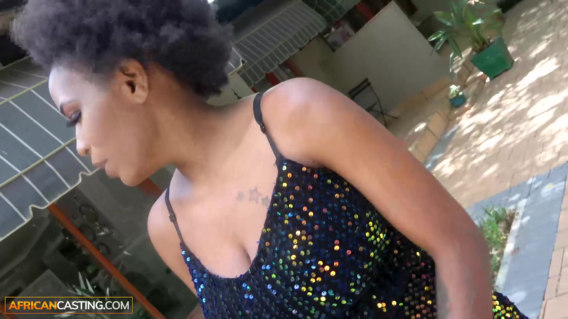 African Casting - Busty Ebony In Sequin Dress Impressed By The Size