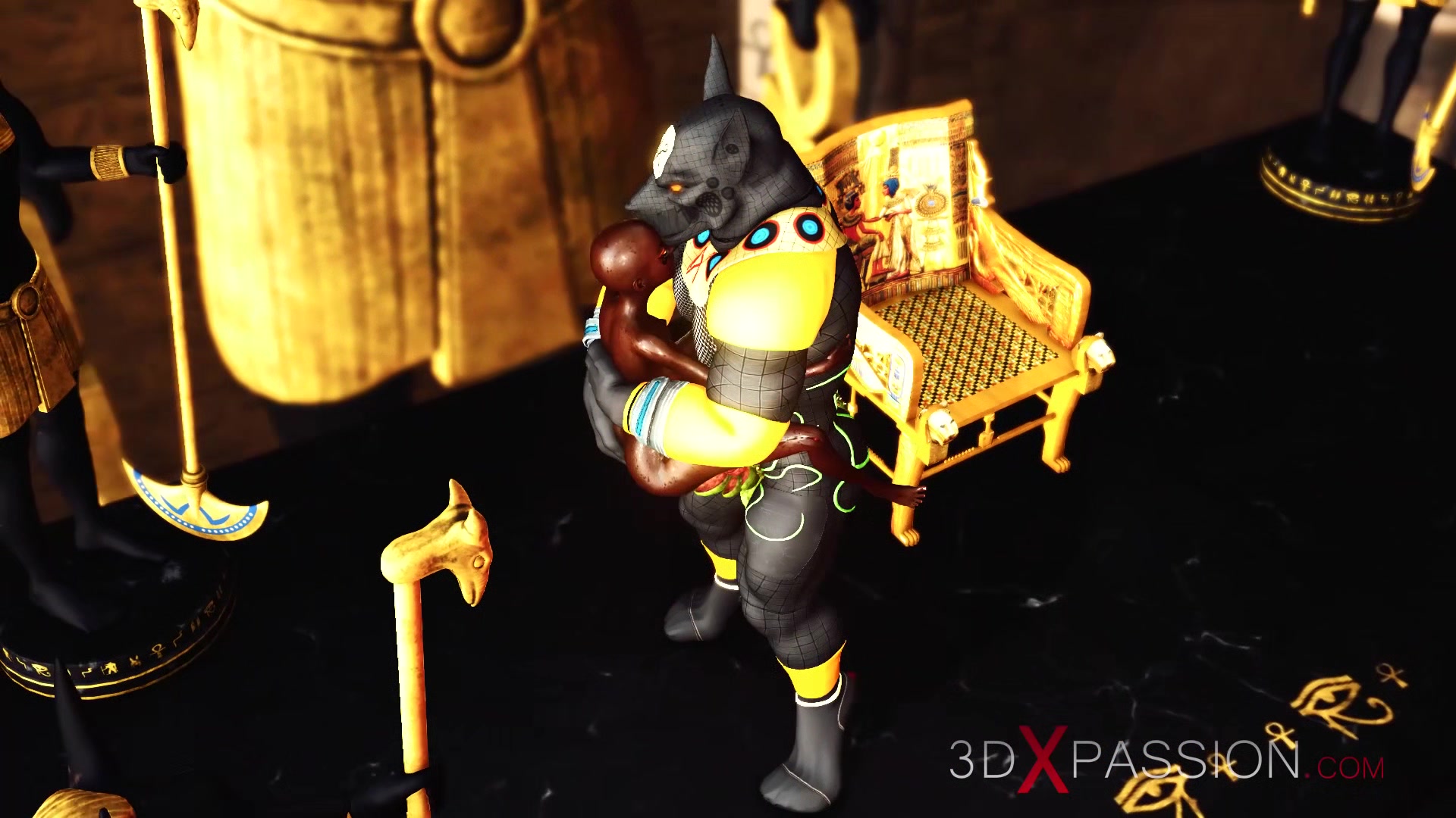 Ancient Egypt. Anubis plays with a hot black girl in the temple