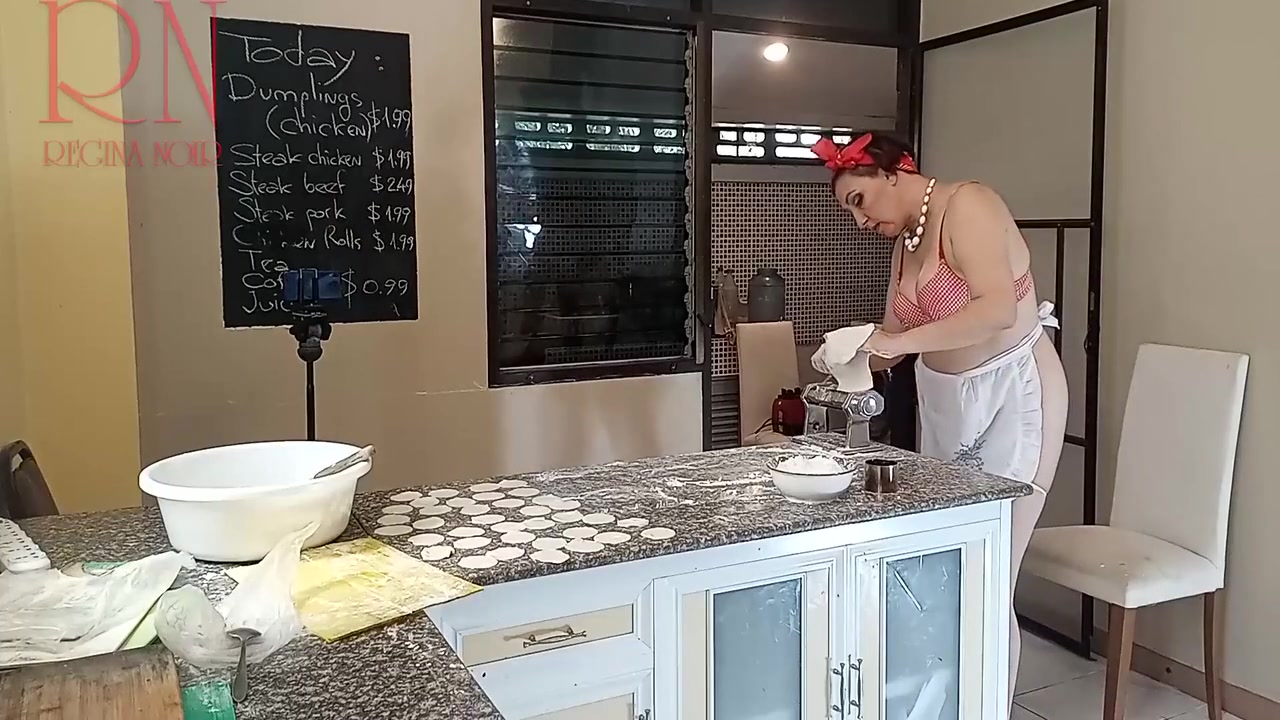 Regina Noir In Nudist Housekeeper Cooking At The Kitchen. Naked Maid Makes Dumplings. Naked Cooks. Bra 2
