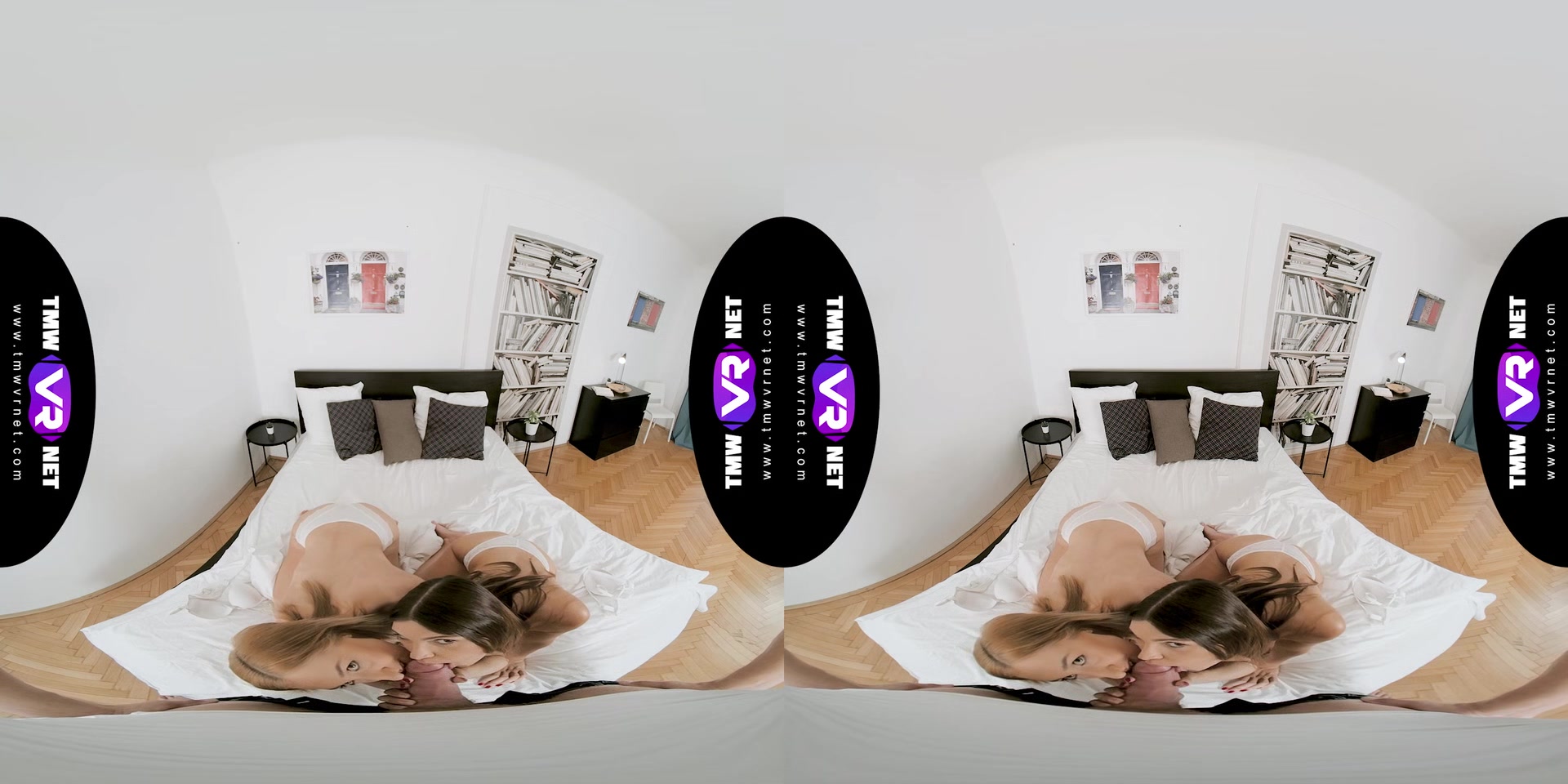 Playful trio in bed