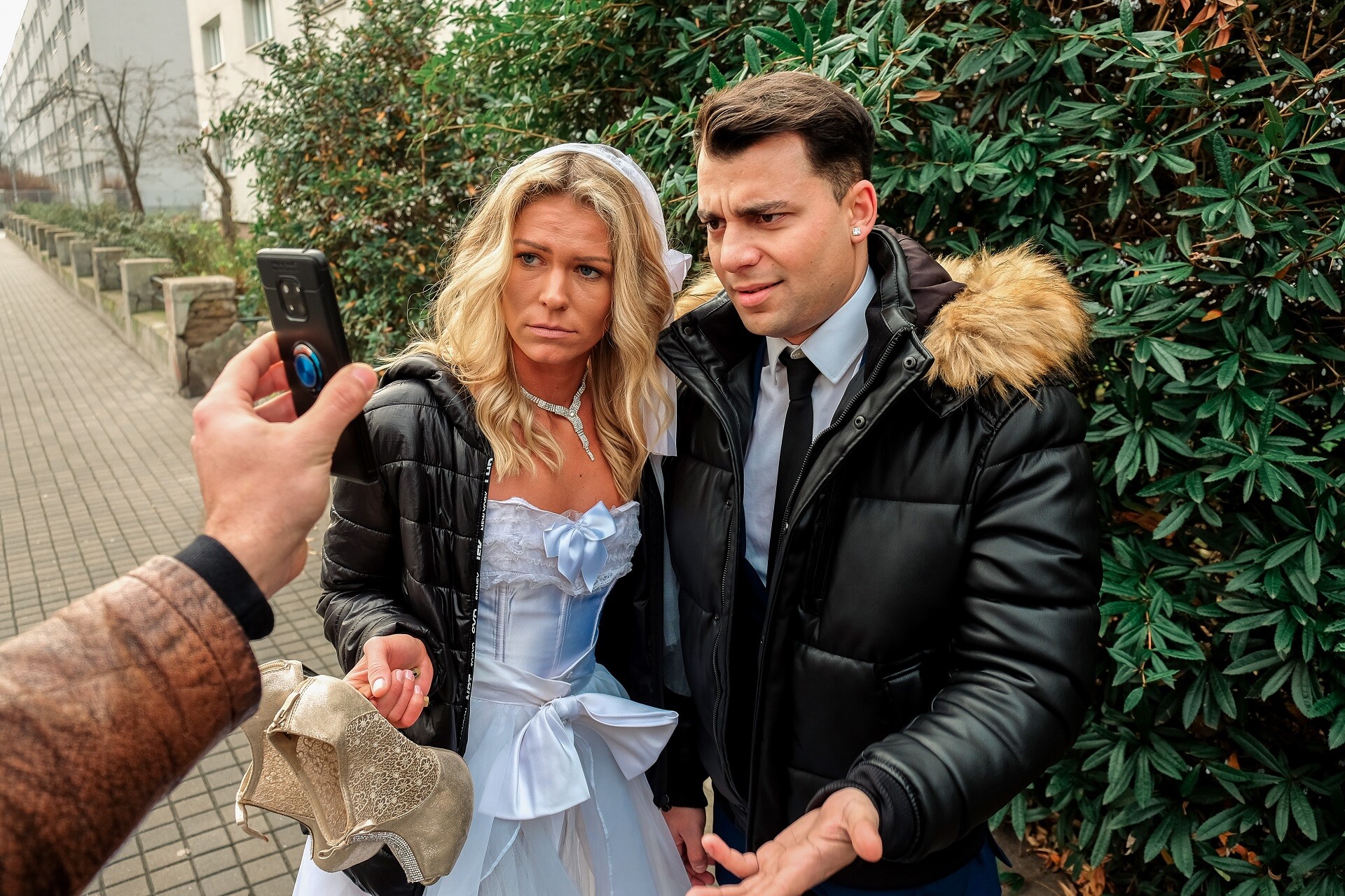 DEBT4k. Debt collector fucks the bride in white dress and stockings