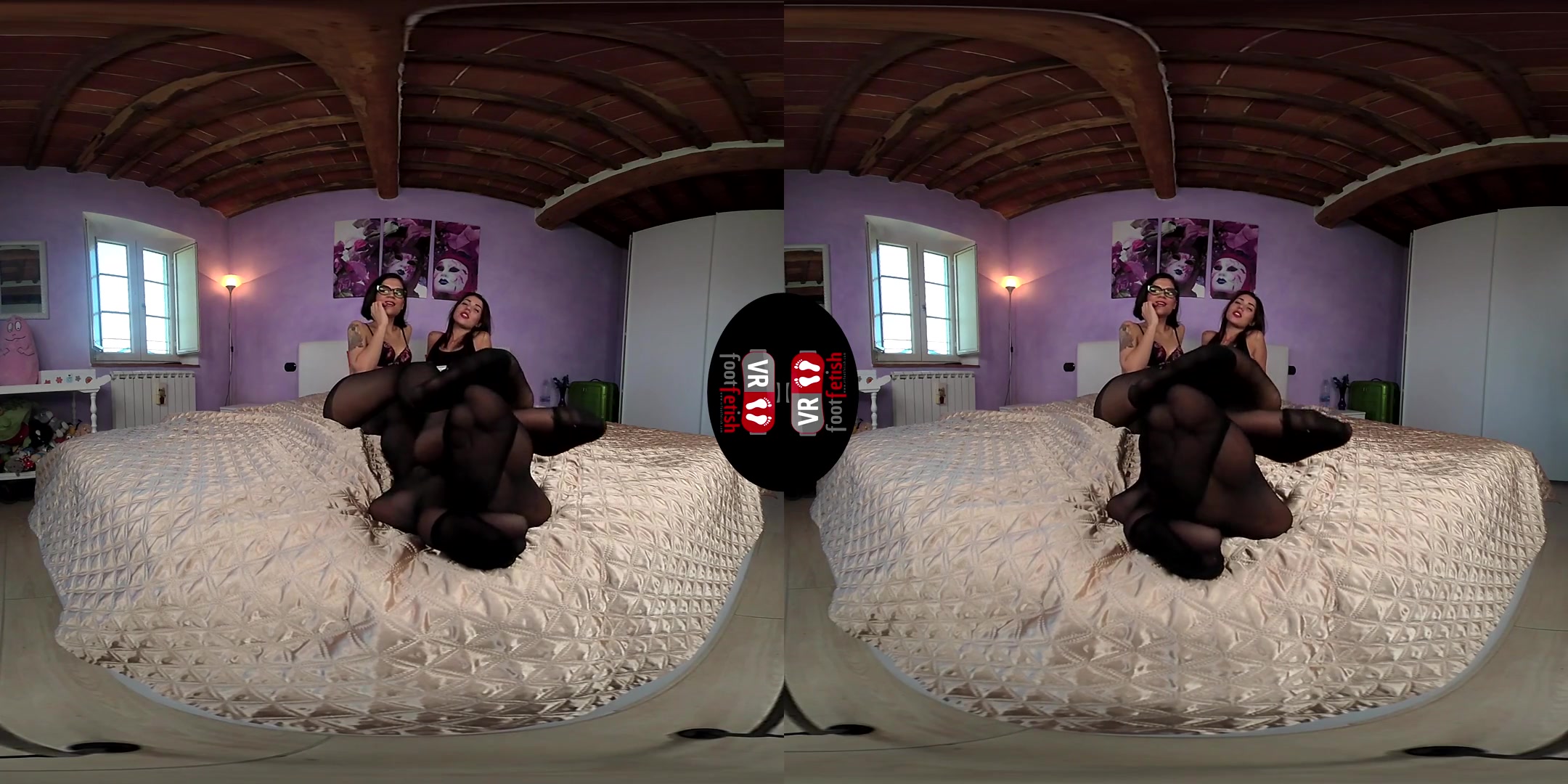 Brunette Power: Chiara and Petra Lay Down in a Bed in Black Nylons - Stockings Foot Fetish Lesbian Feet