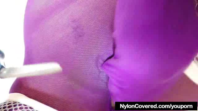 Riding a fake penis in panty-hose