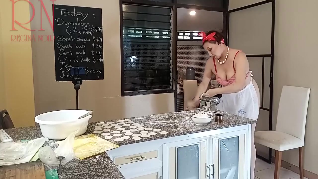 Regina Noir In Nudist Housekeeper Cooking At The Kitchen. Naked Maid Makes Dumplings. Naked Cooks. Bra 2