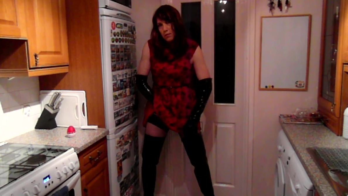 Wanking In A Red Dress And Shiny Thigh Boots