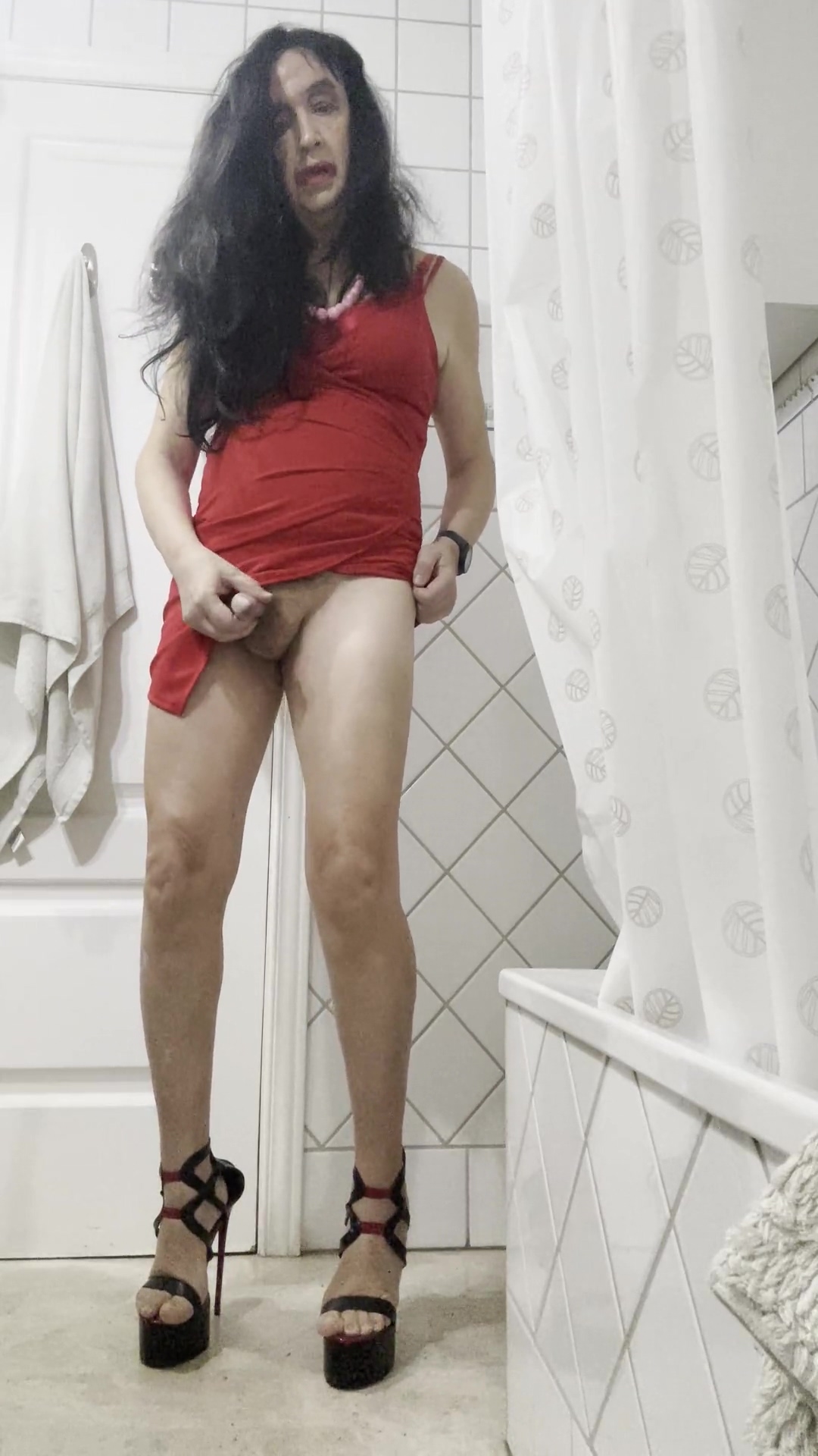 Daniela Monroe Tv Sexy Red Dress And Colorful Platform High Heels Bathroom Masturbation Anal