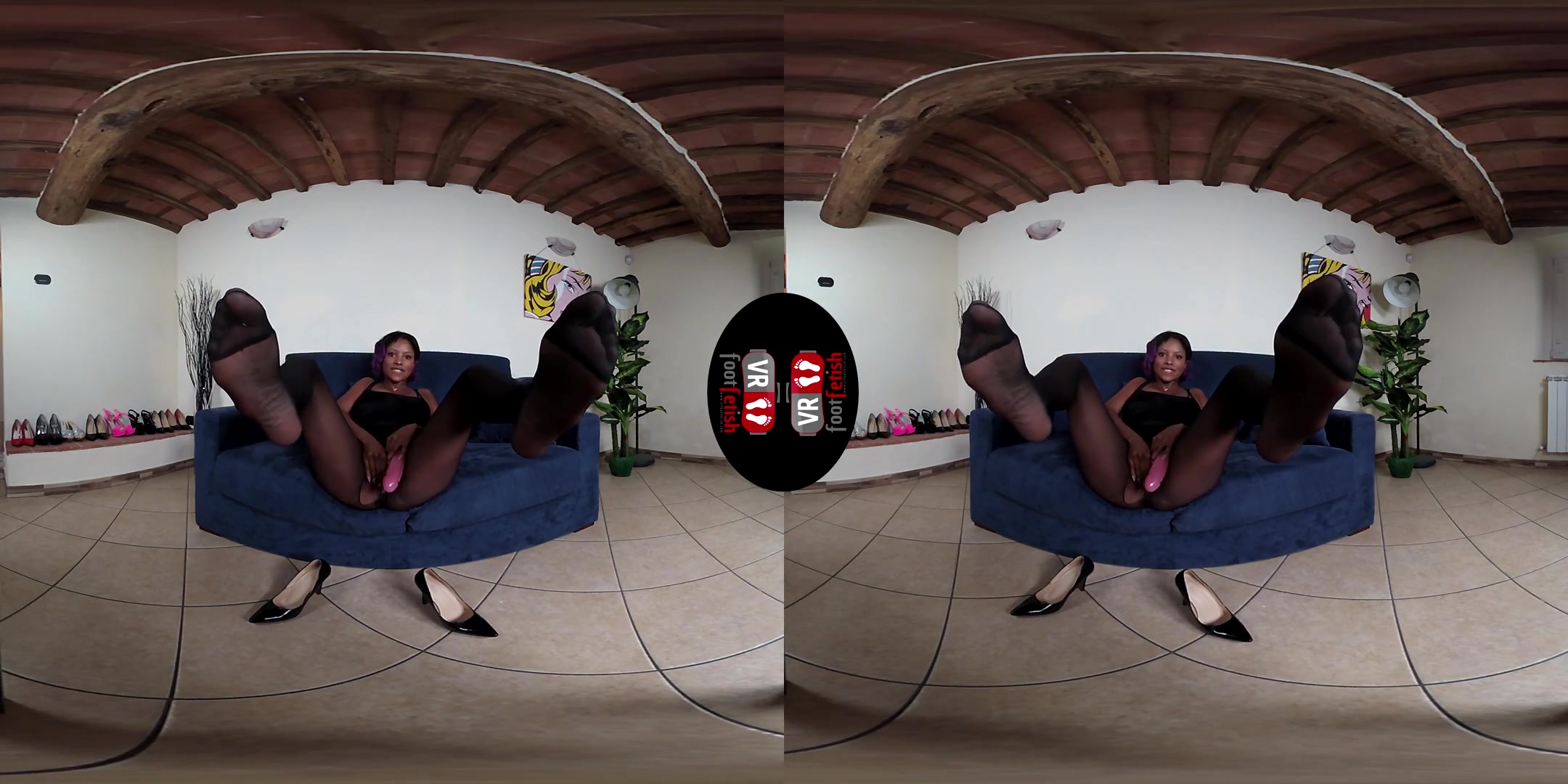 Hottie Janelle Plays With Pink Double Dildo In Black Nylons; Big Tit Black Babe with a Double Ended Dildo Leg and Foot Fetish VR