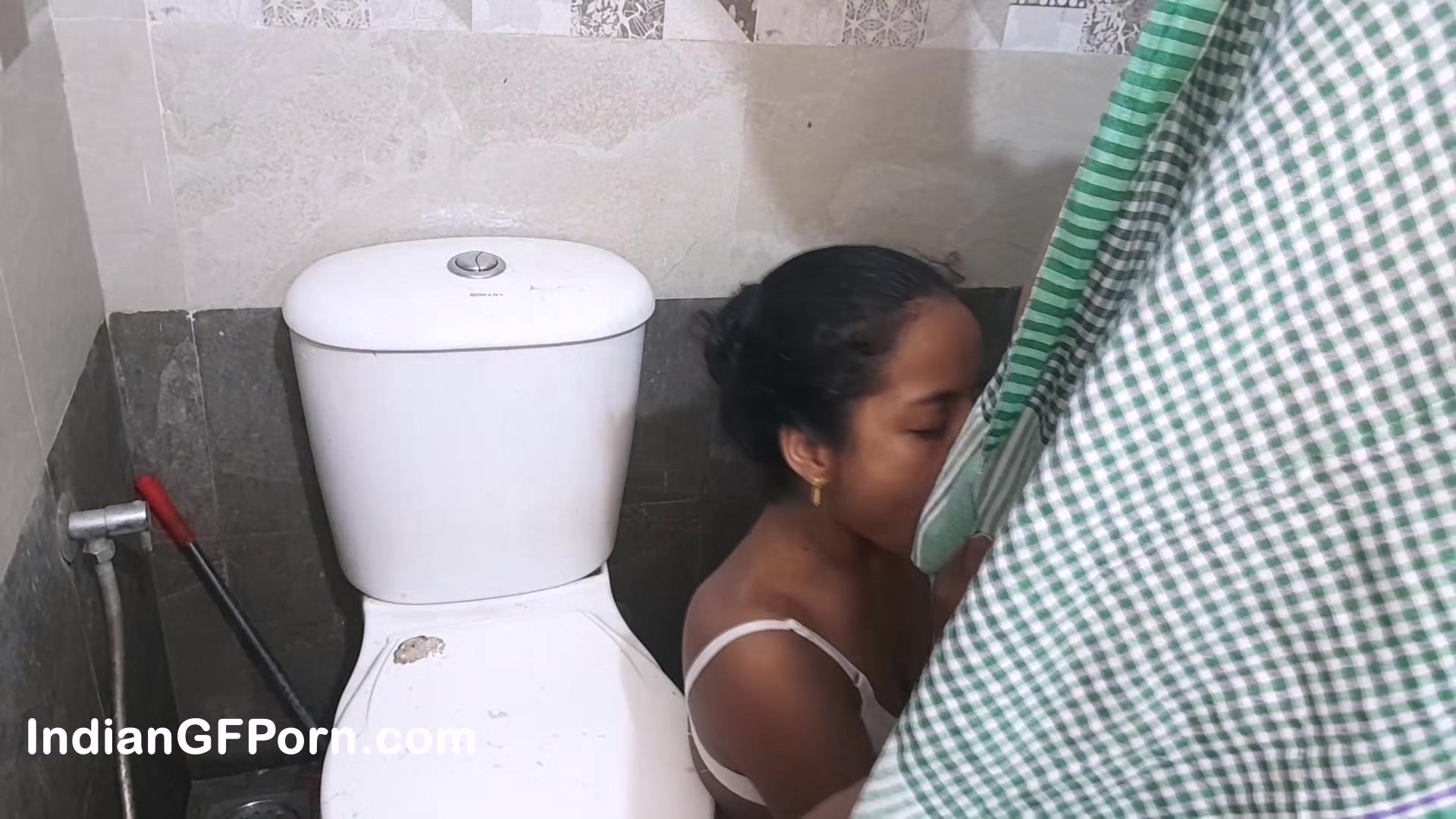 Indian girl sucking dick and bending over to take that cock in her snug little pussy in bathroom