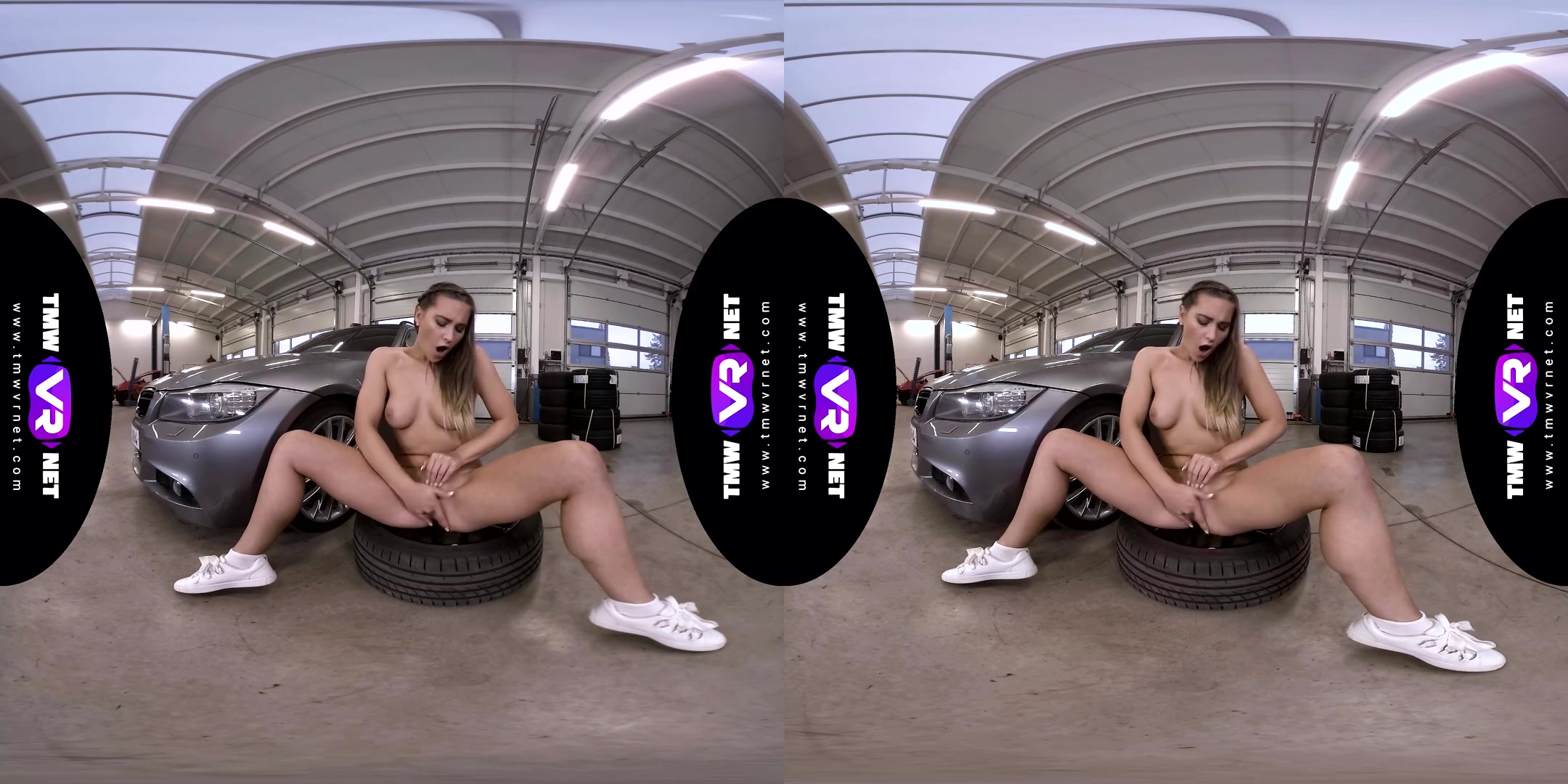 Naomi Bennet in Hot Babe Gets Naked and Horny in a Car Shop - TmwVRNet