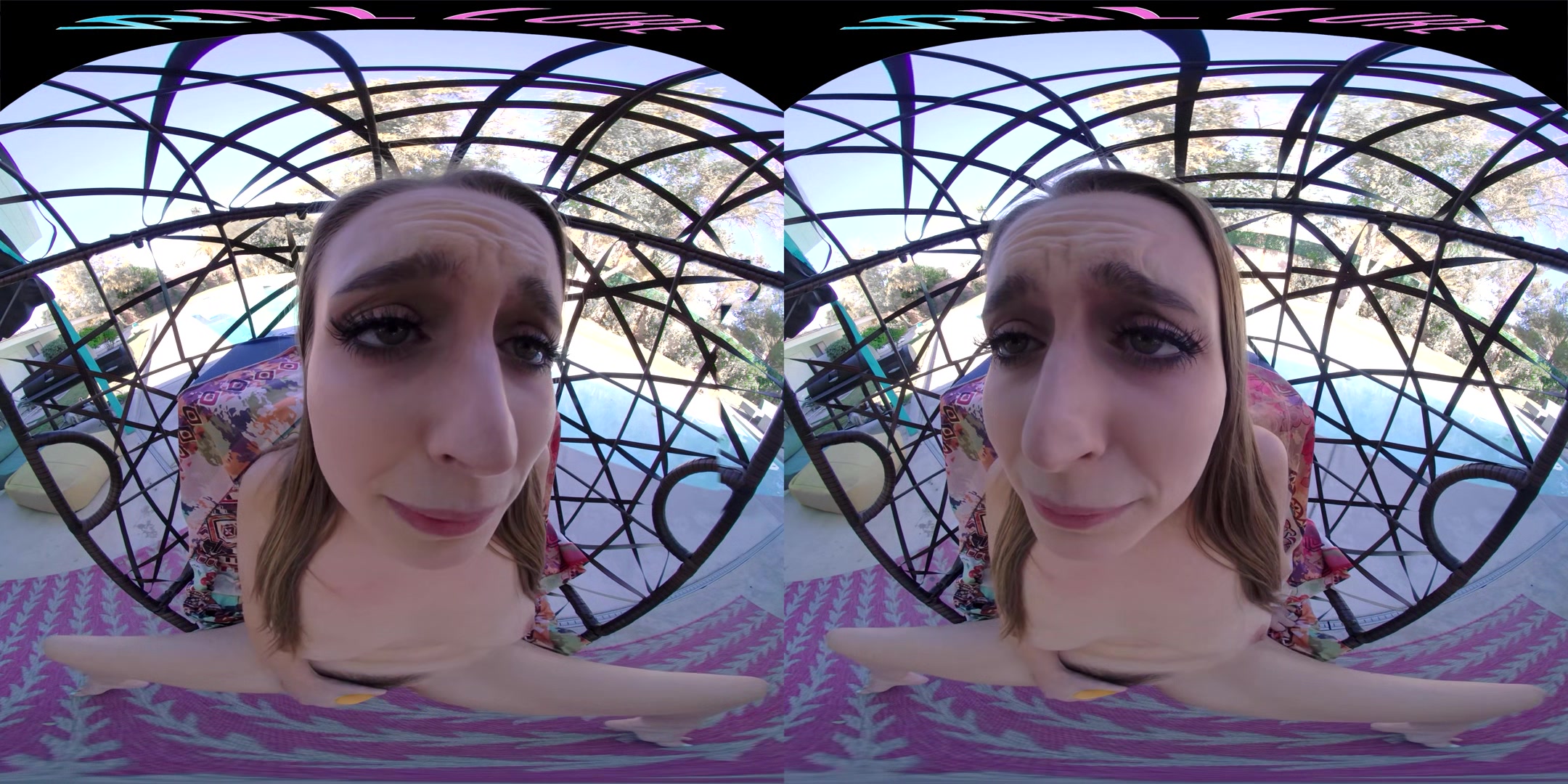 Horny blonde masturbates outside with her toys in virtual reality