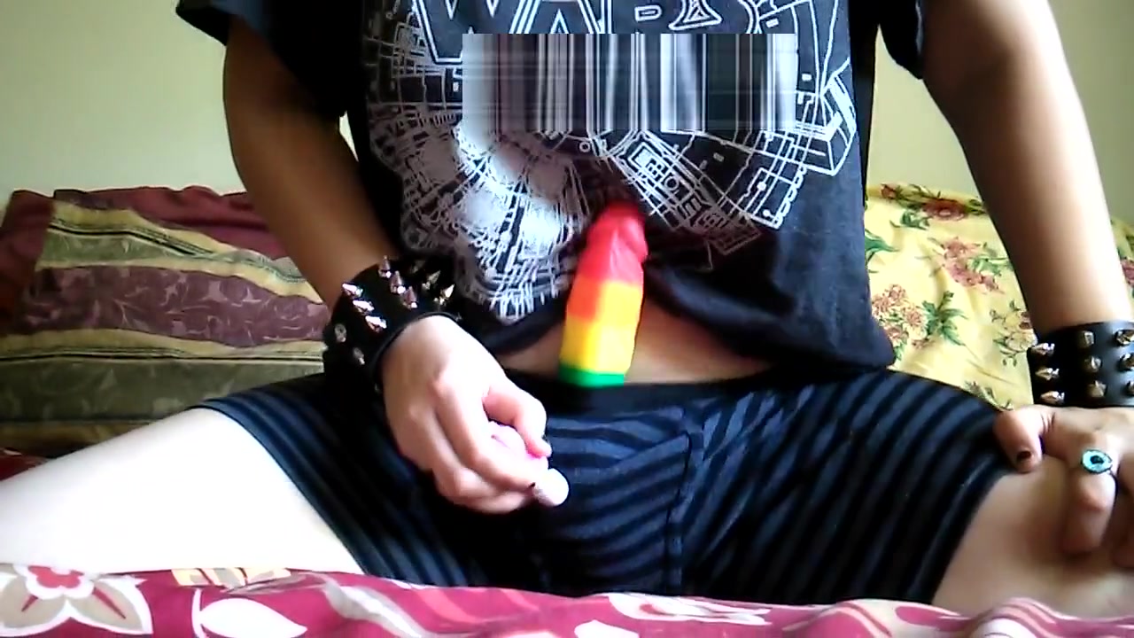 punk ftm jerks off rainbow dildo & uses mini hitatchi wand