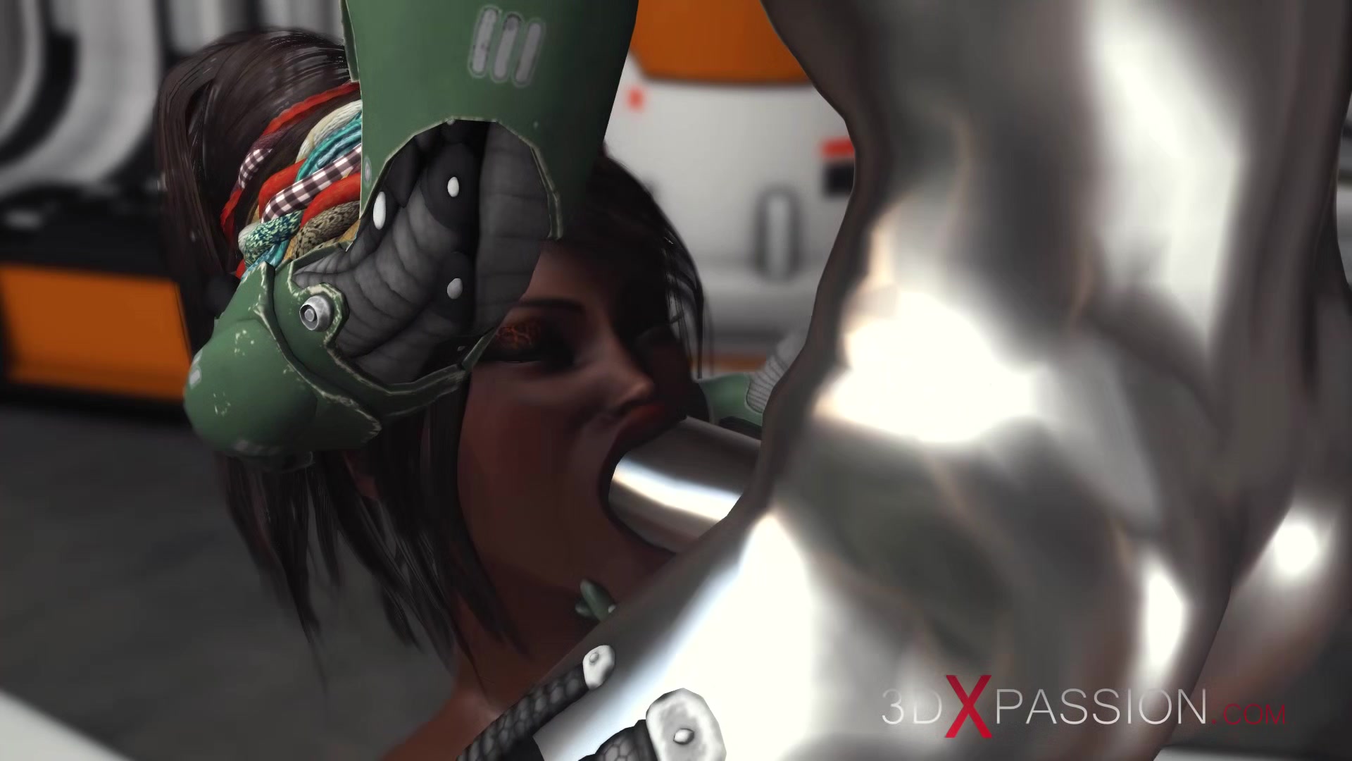 Sci-fi base camp. Male android plays with a sexy ebony on the exoplanet
