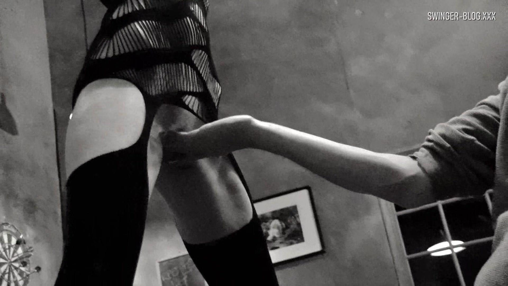 Blindfolded amateur MILF gets pussy teased in BDSM swinger video