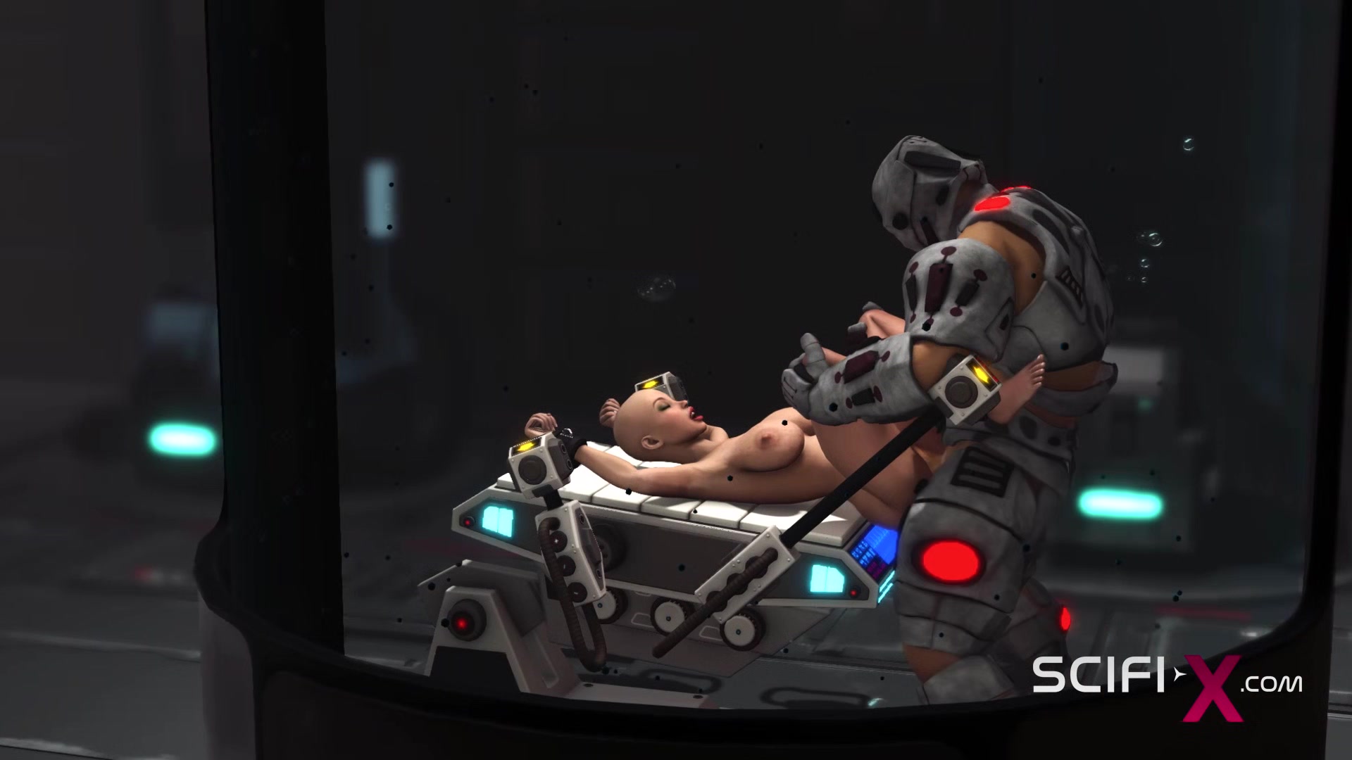 Sci-fi male sex cyborg plays with a sexy young hottie in restraints in the lab