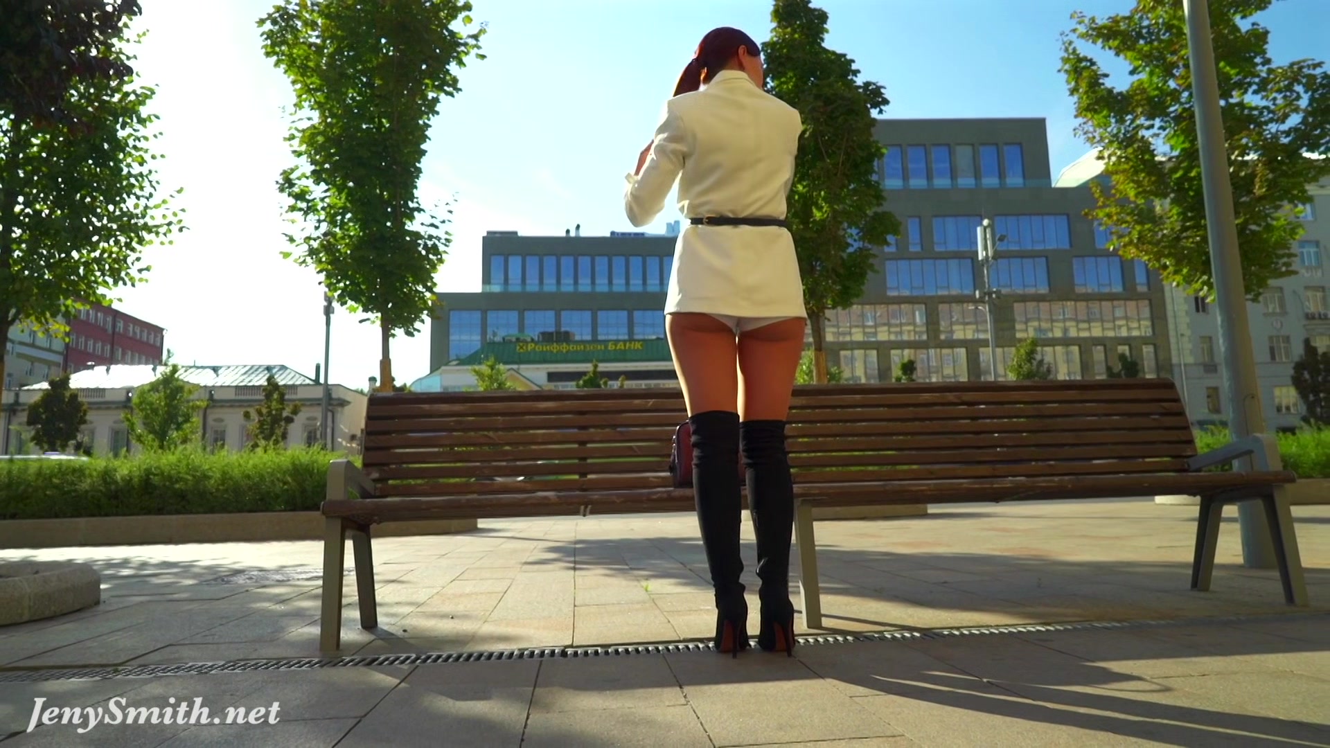 Independent Woman. Jeny Smith in pantyhose without panties in public