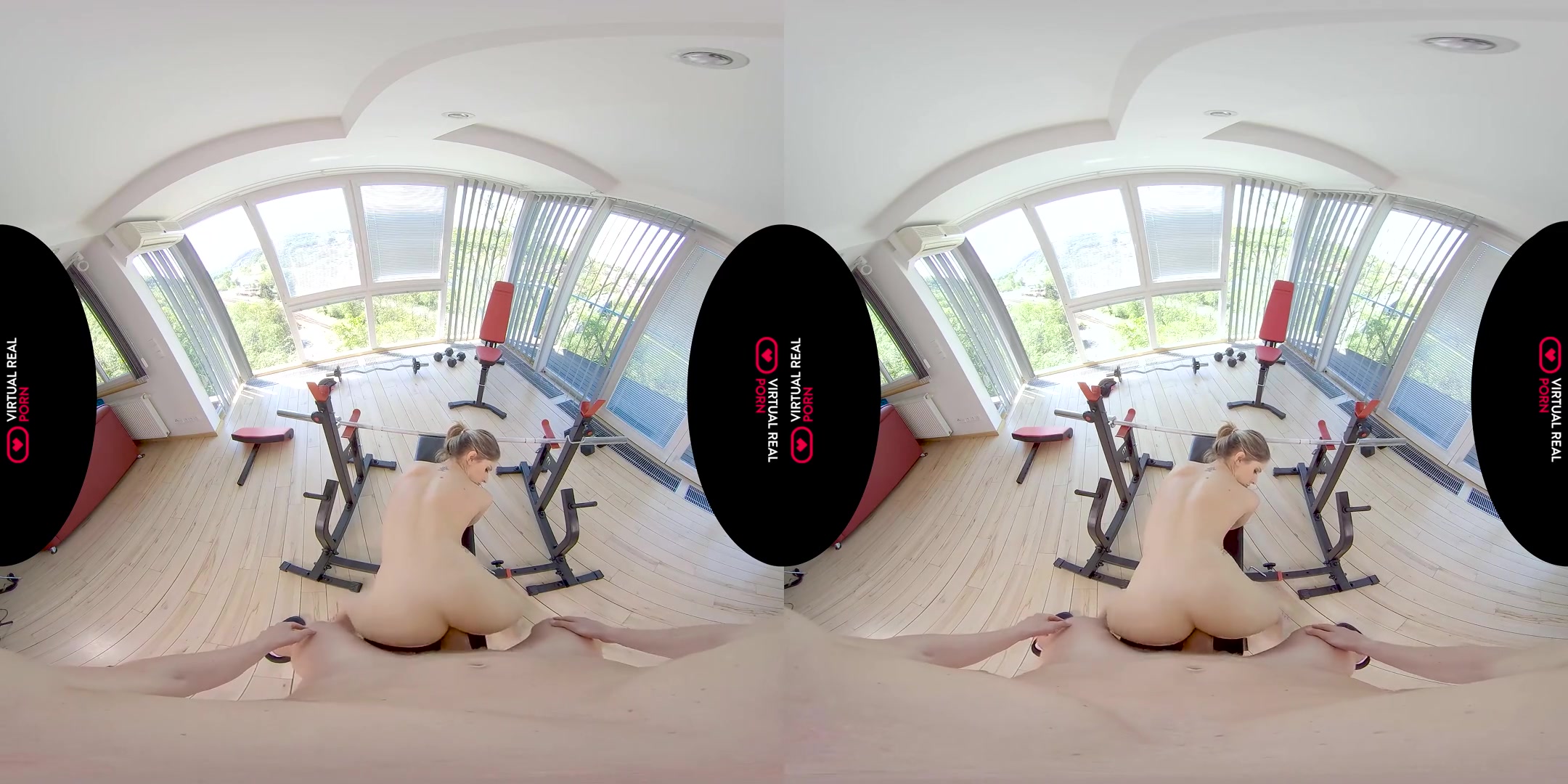 Weight Bench - Hot babe in yoga pants gives you a blowjob and then fucks you