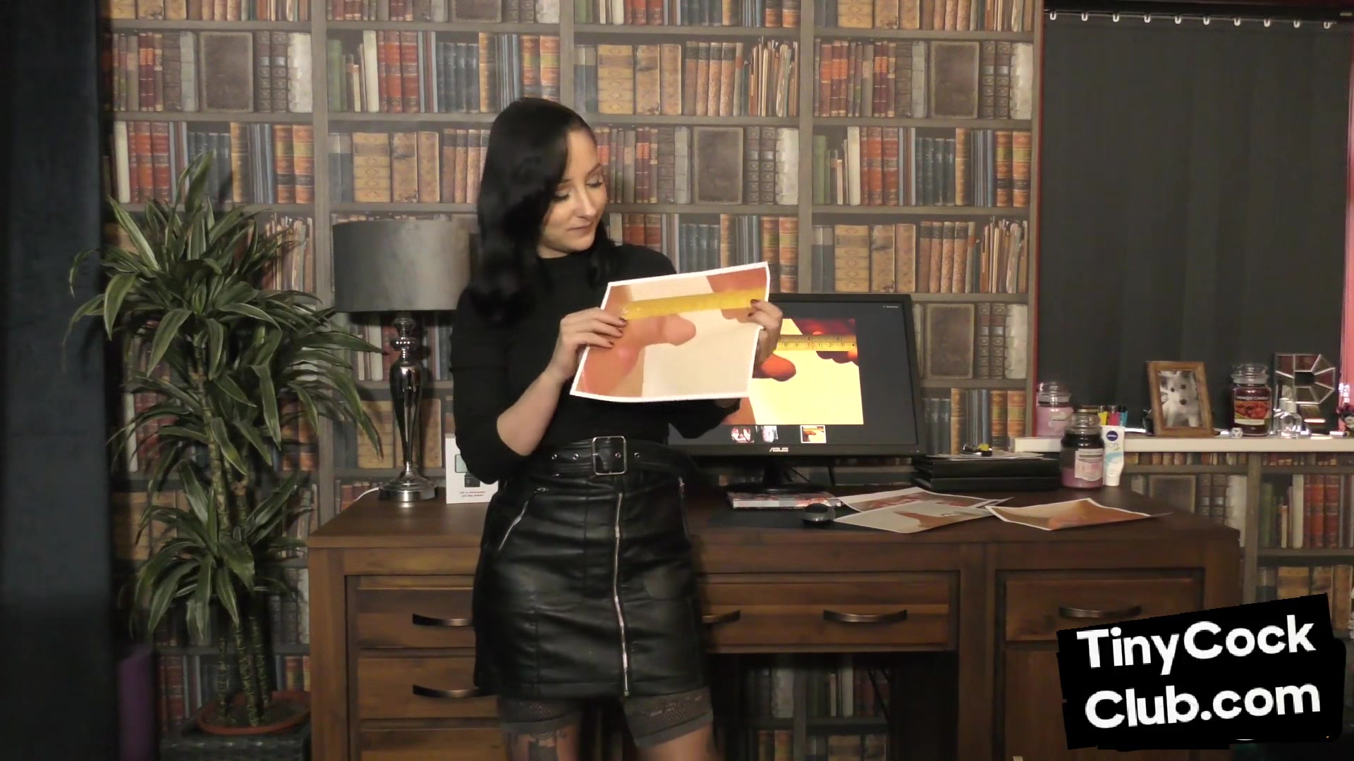 SPH babe in leather skirt humiliates small cocks on her pics