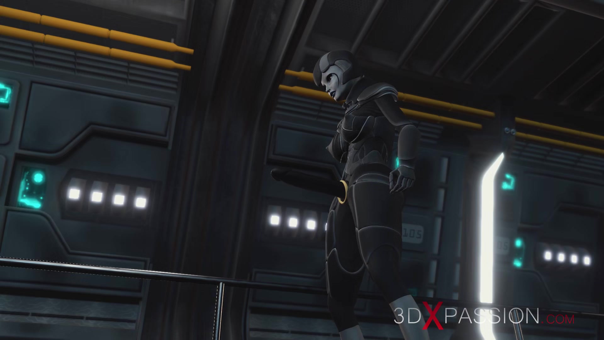 Sci-fi android fucks a horny girl with a strapon in the base camp on the exoplanet