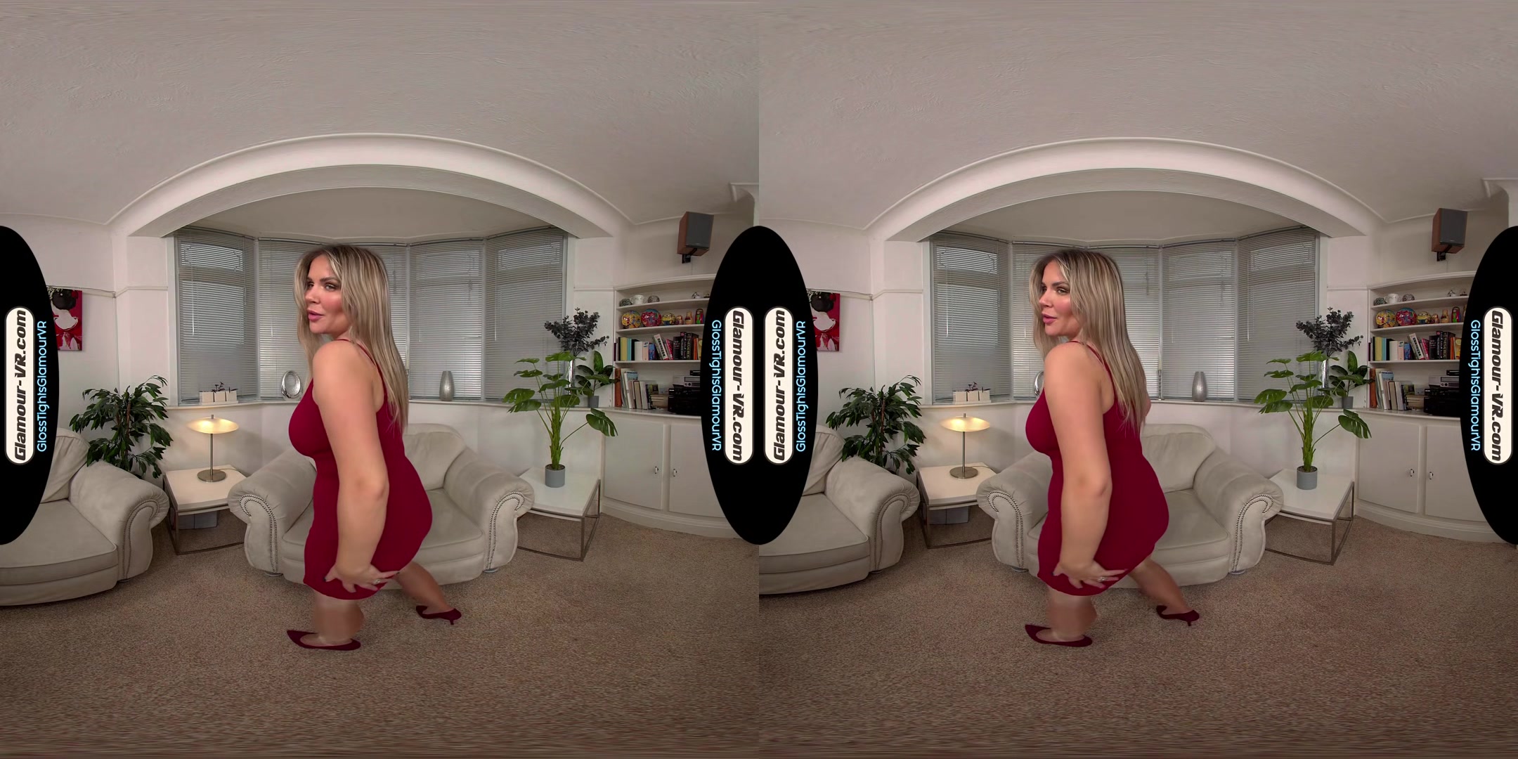 Siobhan Graves Red Party Dress With Tan Glossy Tights/Pantyhose Treat - 8k Vr