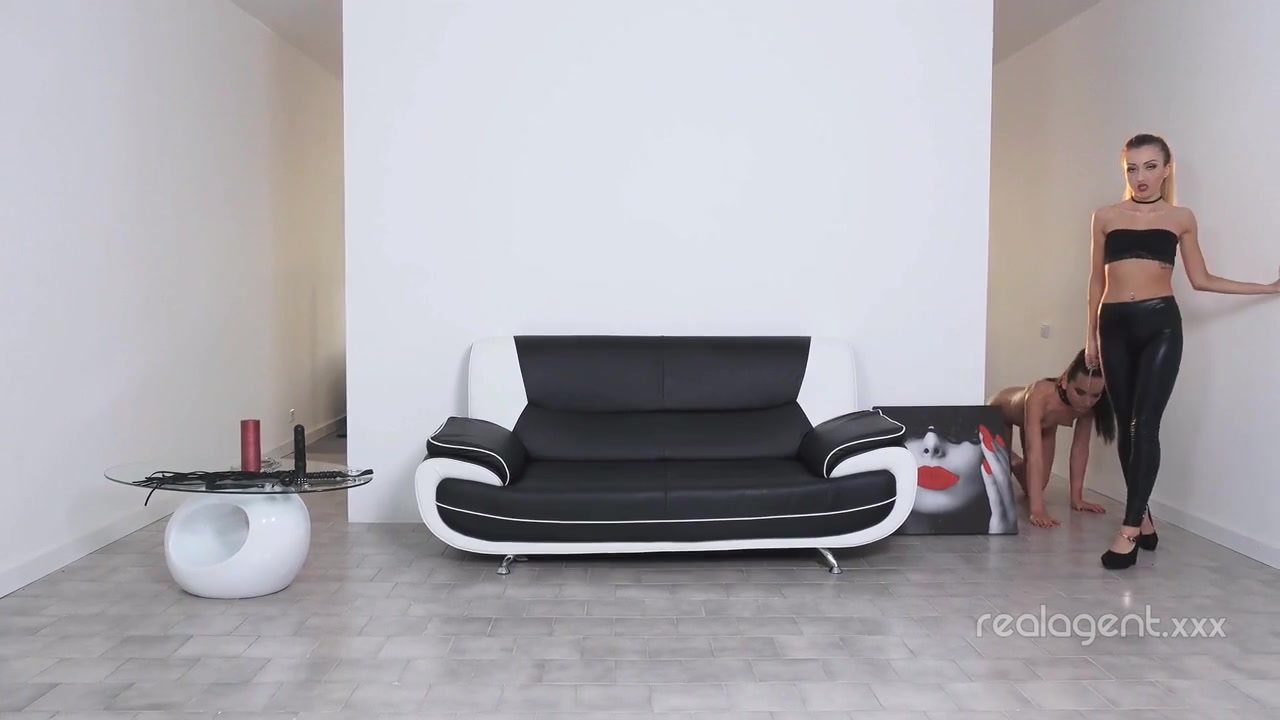 Strict blonde mistress Empera fucks slave girl's ass with huge black dildo by Real Agent