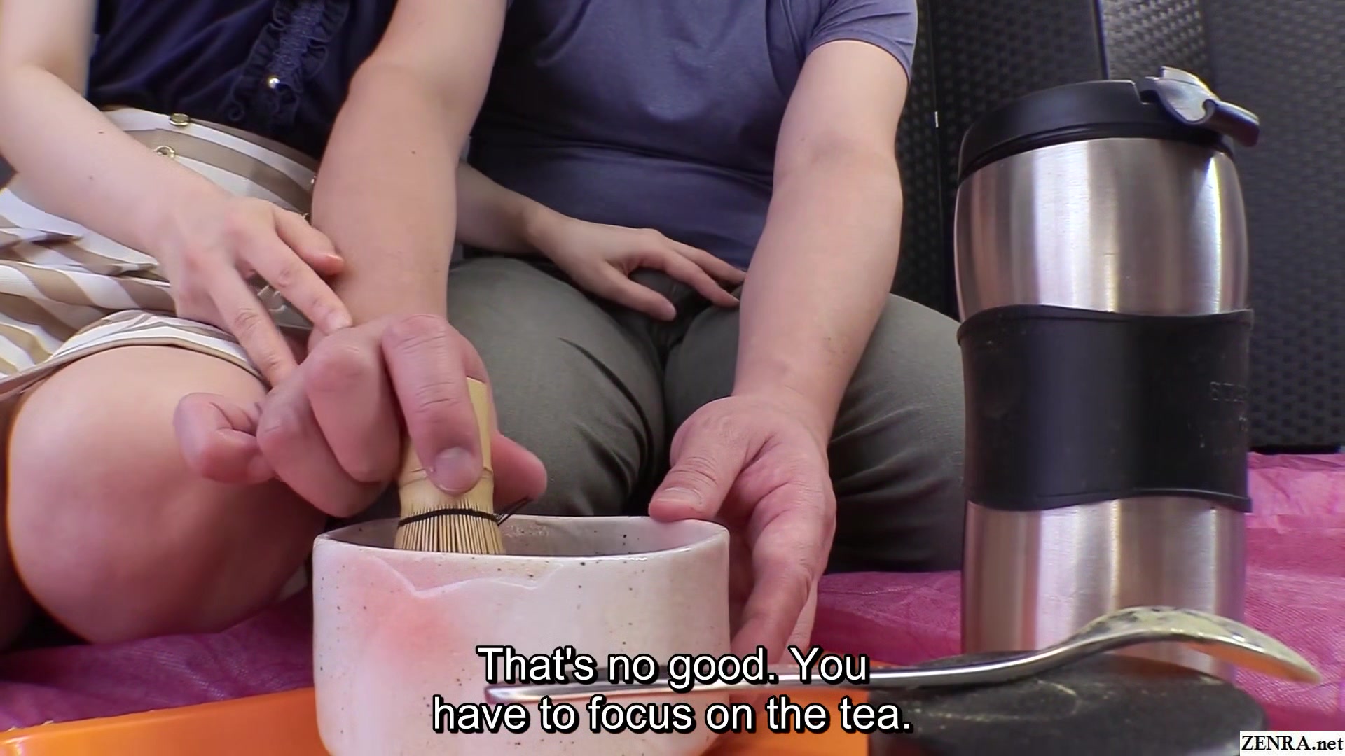 Japanese tea ceremony instructor substitutes bulge for whisk