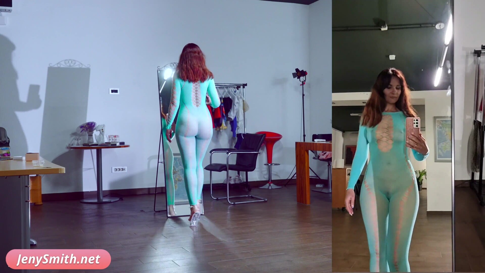 Rehearsals pt1. Jeny Smith in tansparent suit with high heels