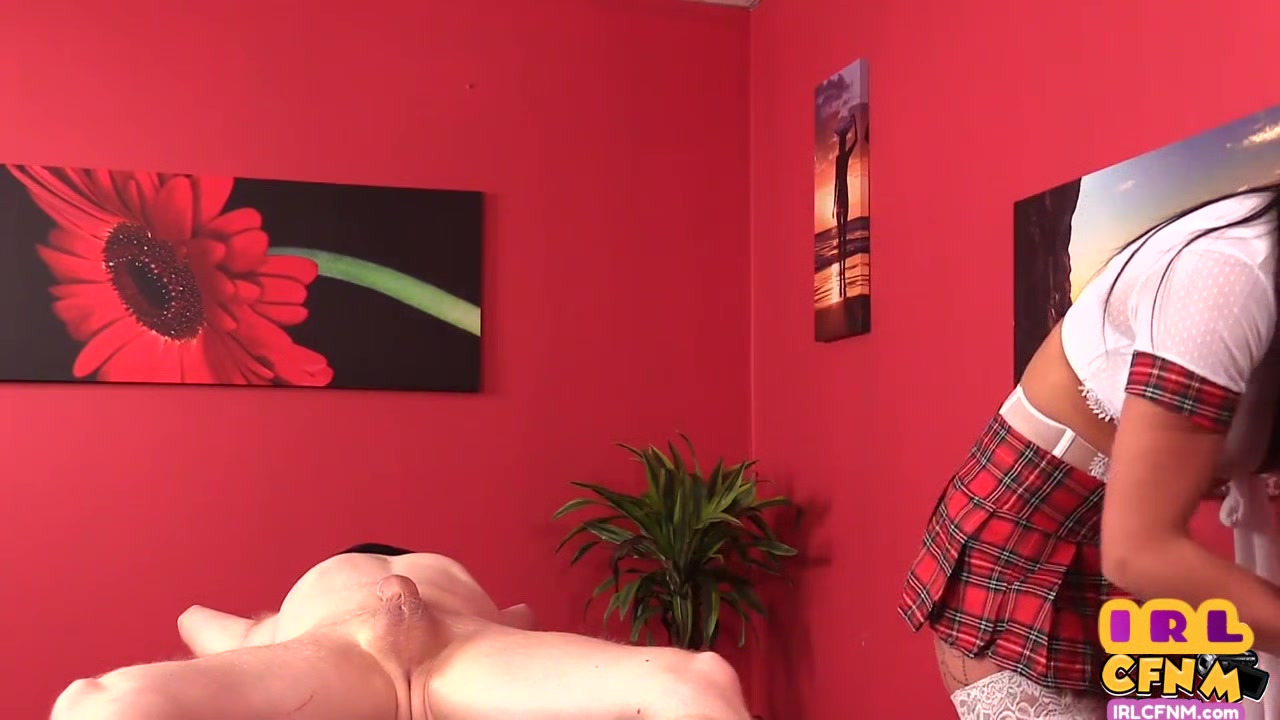 CFNM college uniform masseuse jerks rod on oiled massage