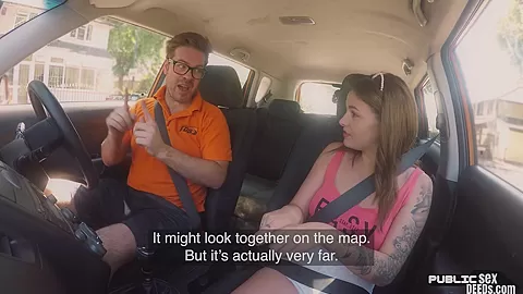 Tattoo babe publicly banged outdoor in car by driving tutor