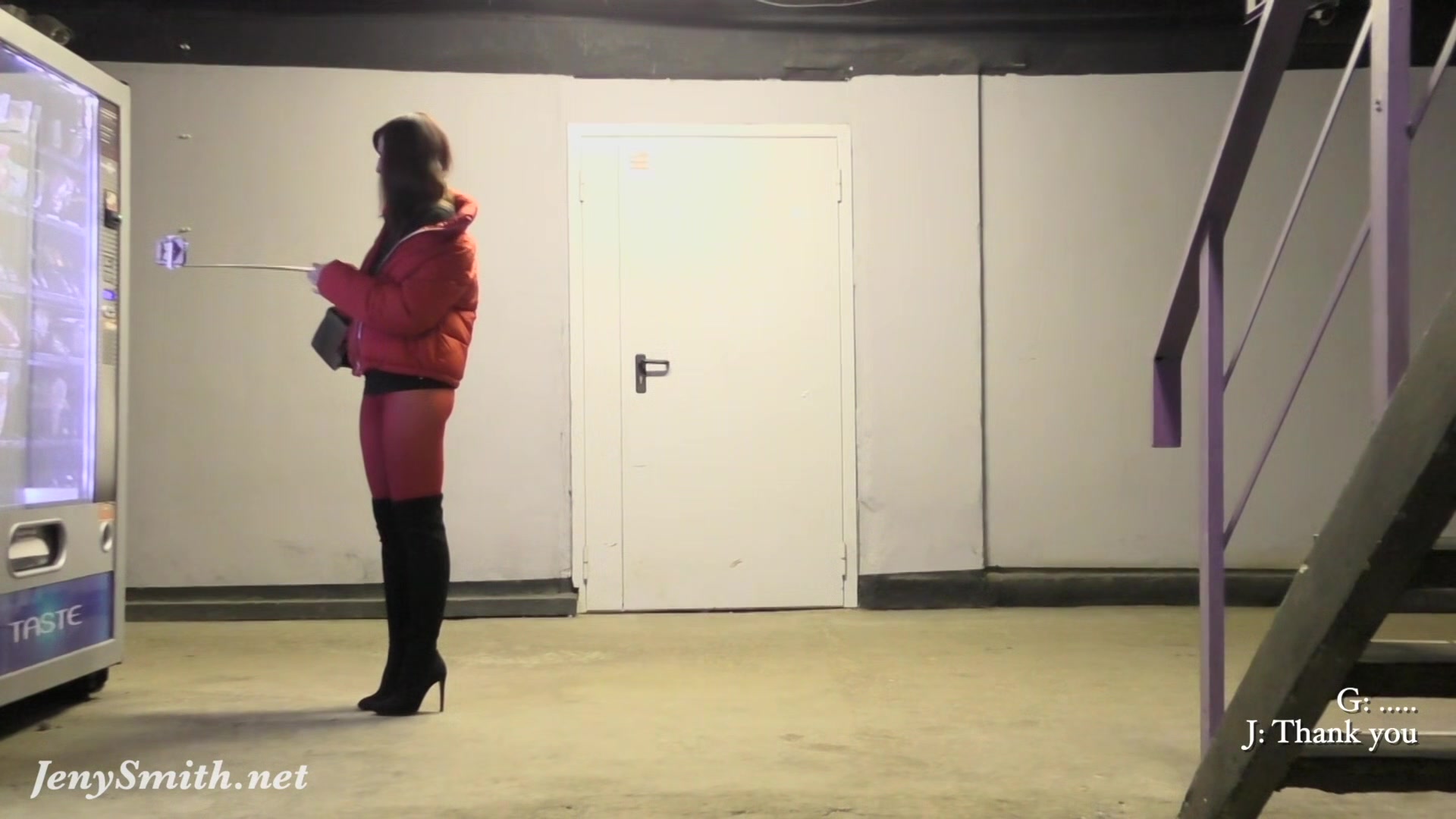 Red Tights. Jeny Smith public walking in tight red pantyhose (no panties)