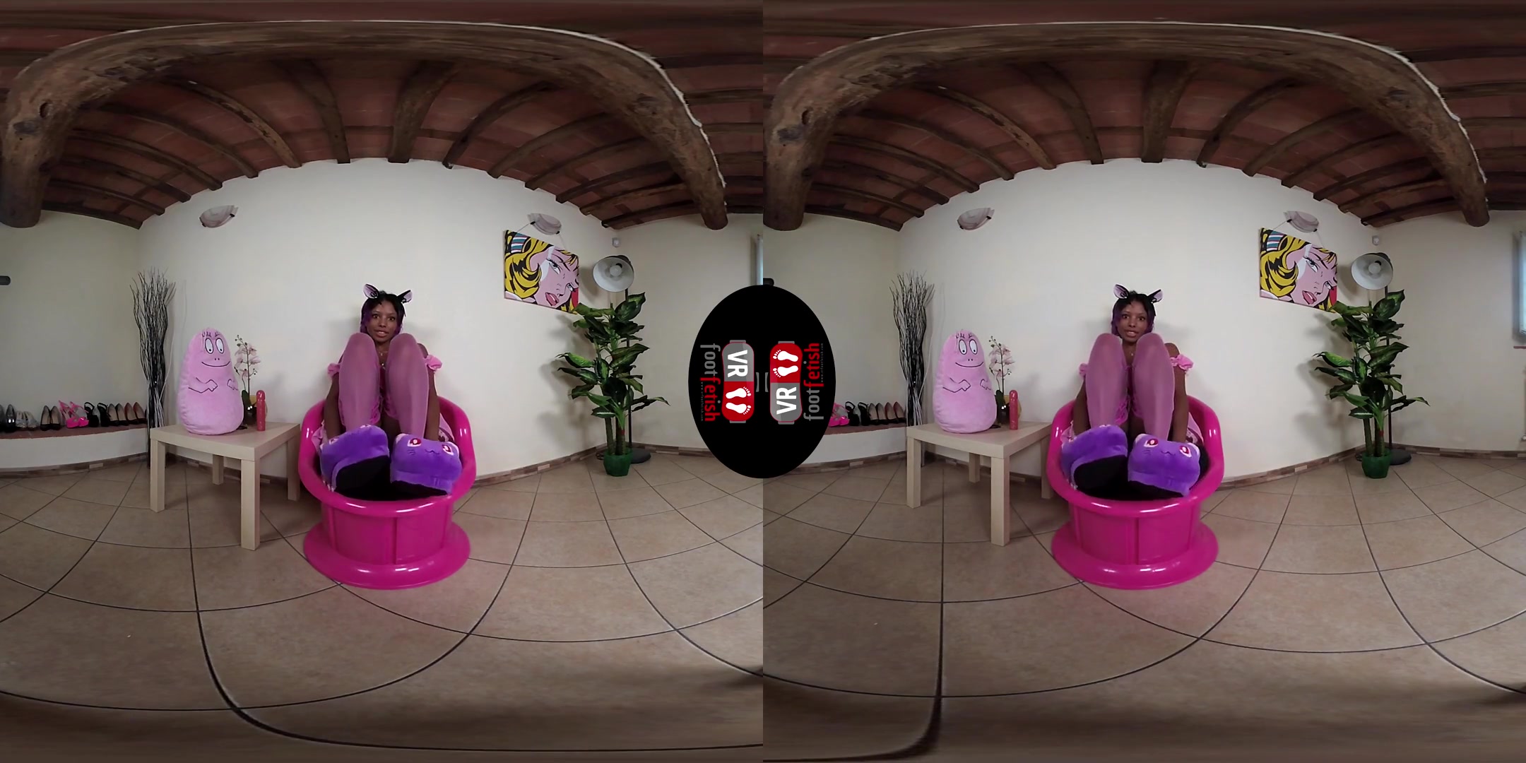 Hot Brunette Janelle Plays With Dildo Dressed In Pink Stockings With Kawaii Slippers; Ebony Babe in Kitty Cosplay Foot Fetish VR