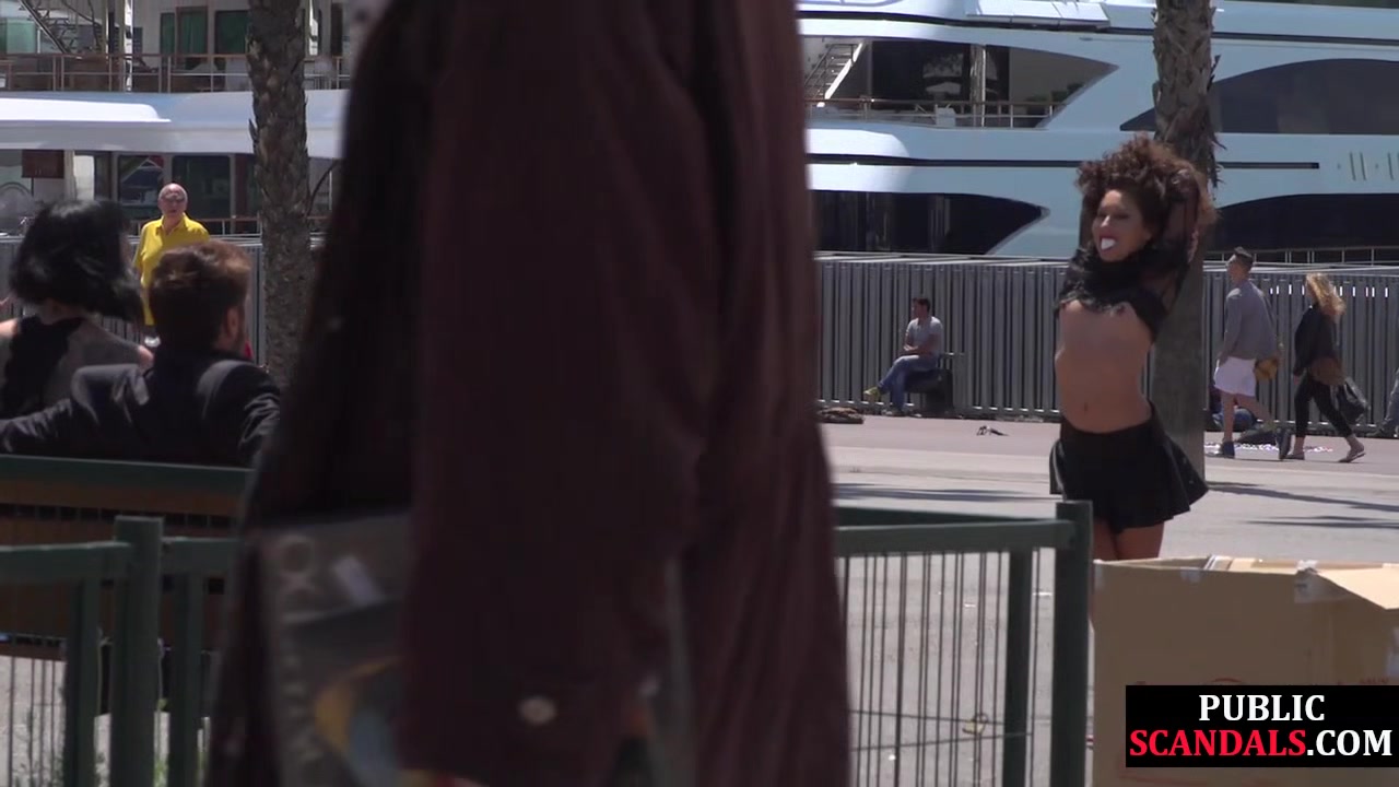 Public naked slut whipped outdoor by master and domina