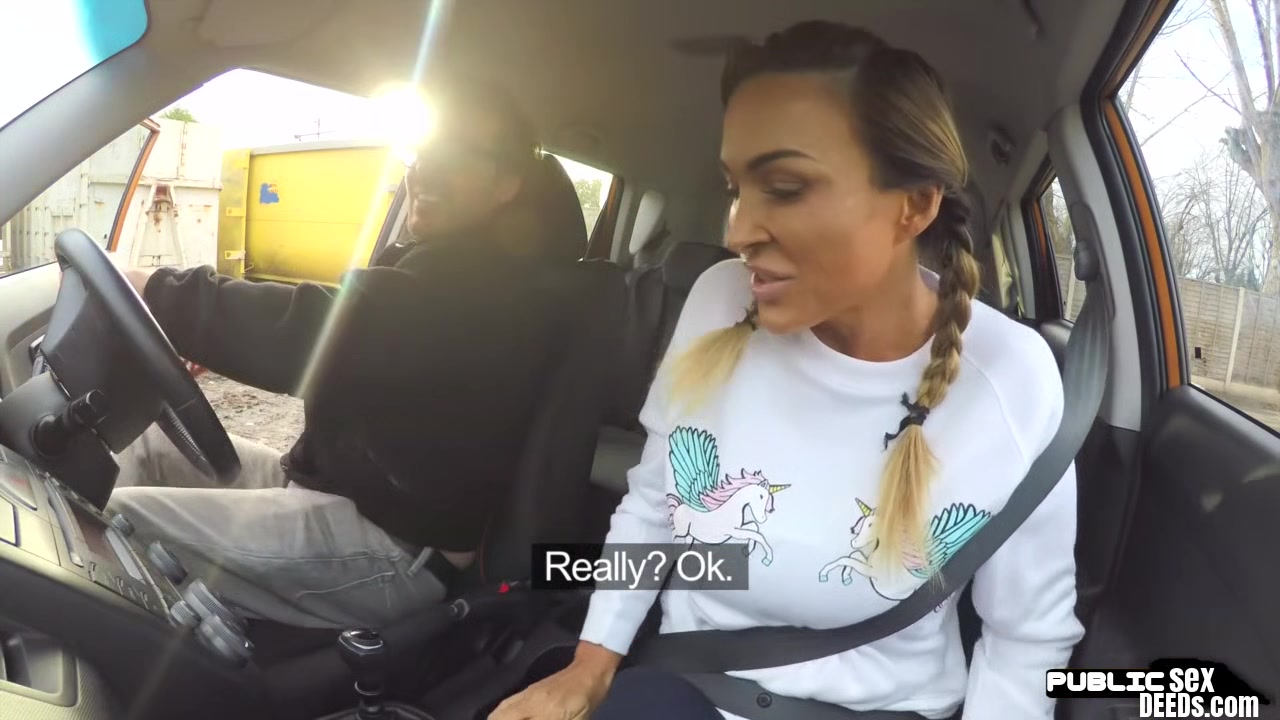 Busty MILF public fucked in car outdoor by driving tutor