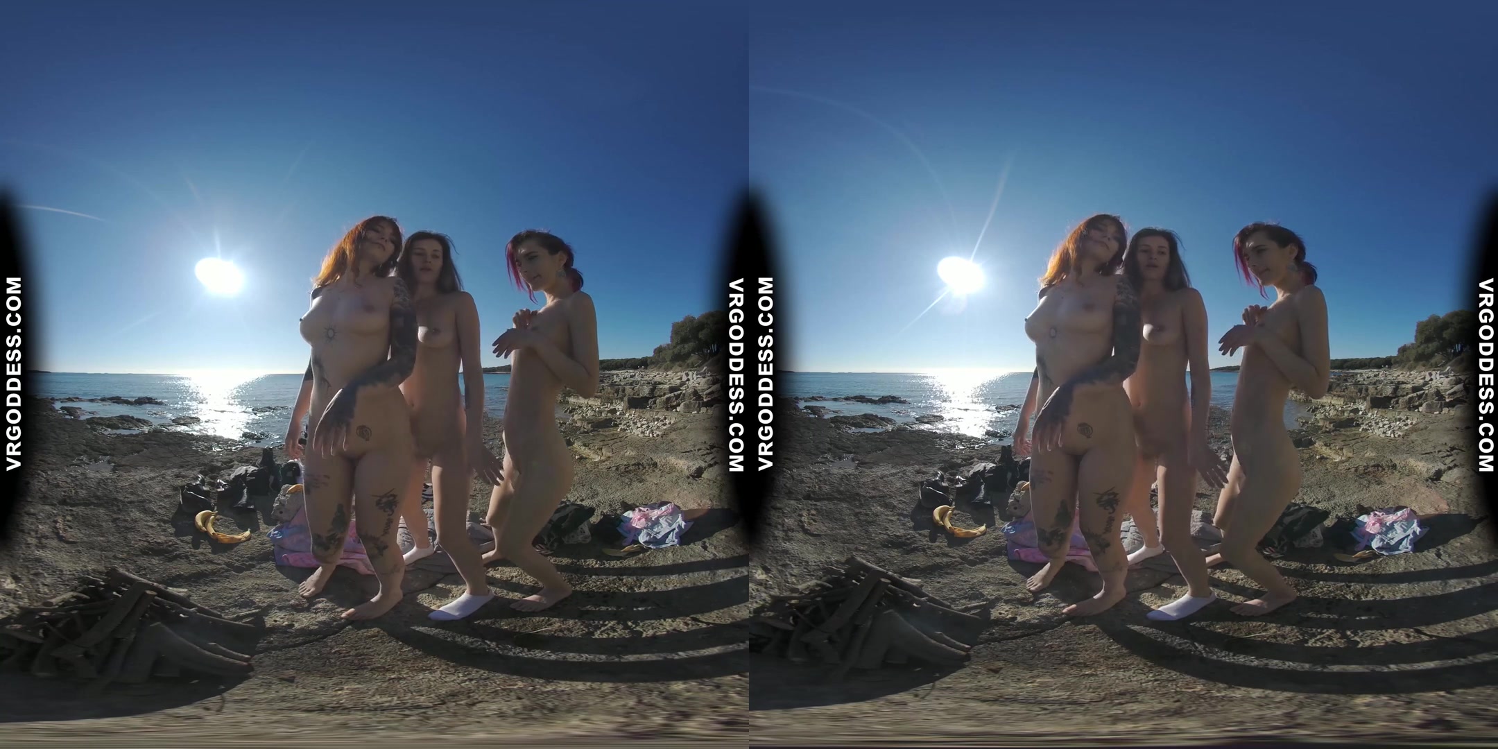 3 Hot Girls Getting Naked On Beach During Winter Making Fire Eating Bananas Dancing