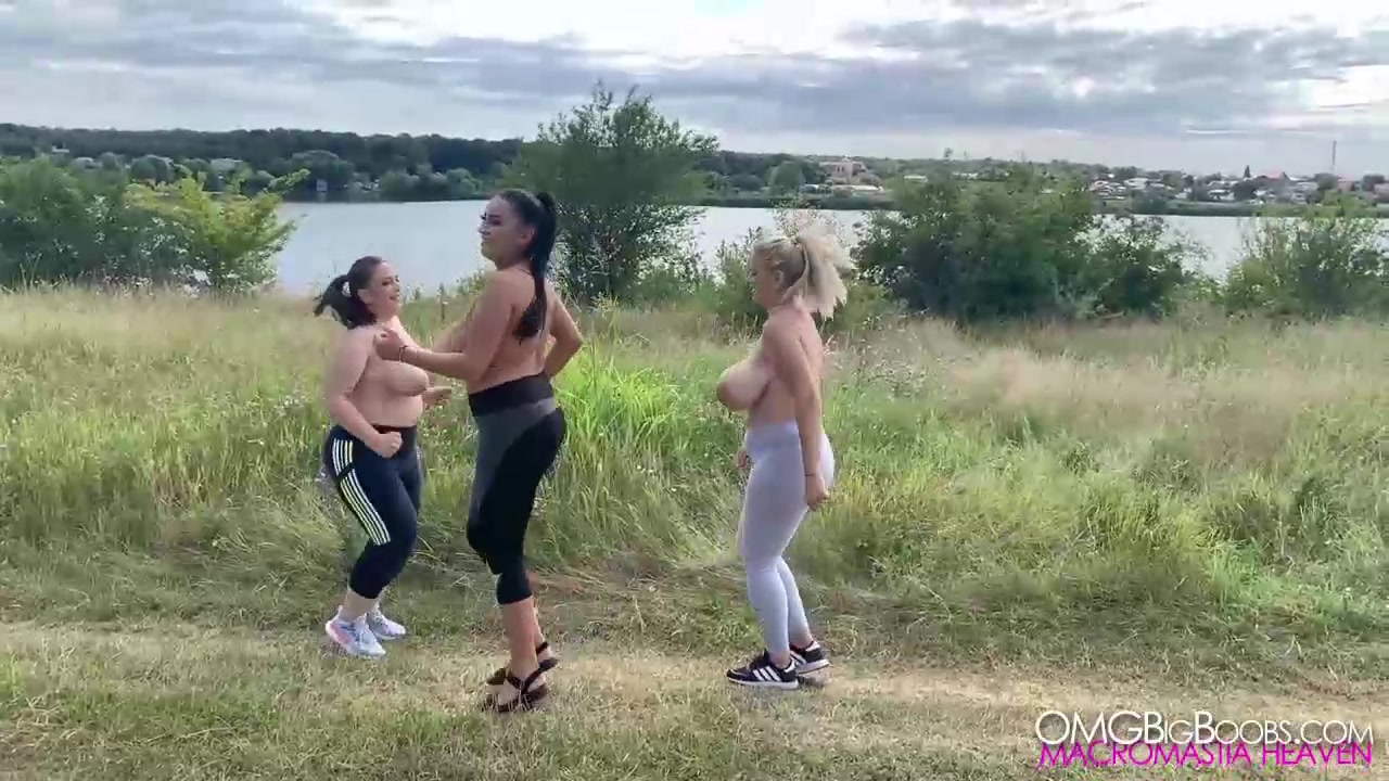 Helen Erin and Mia topless busty jogging