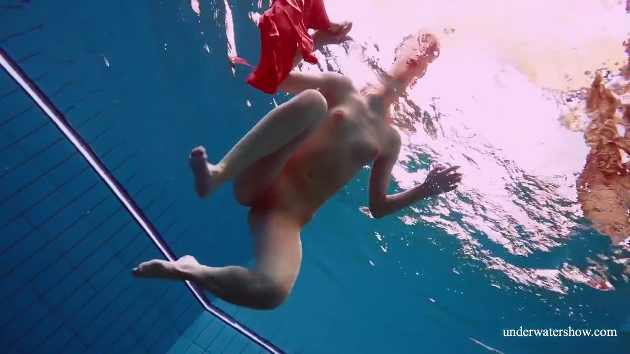 Red Long Dress And Big Tits Floating In The Pool