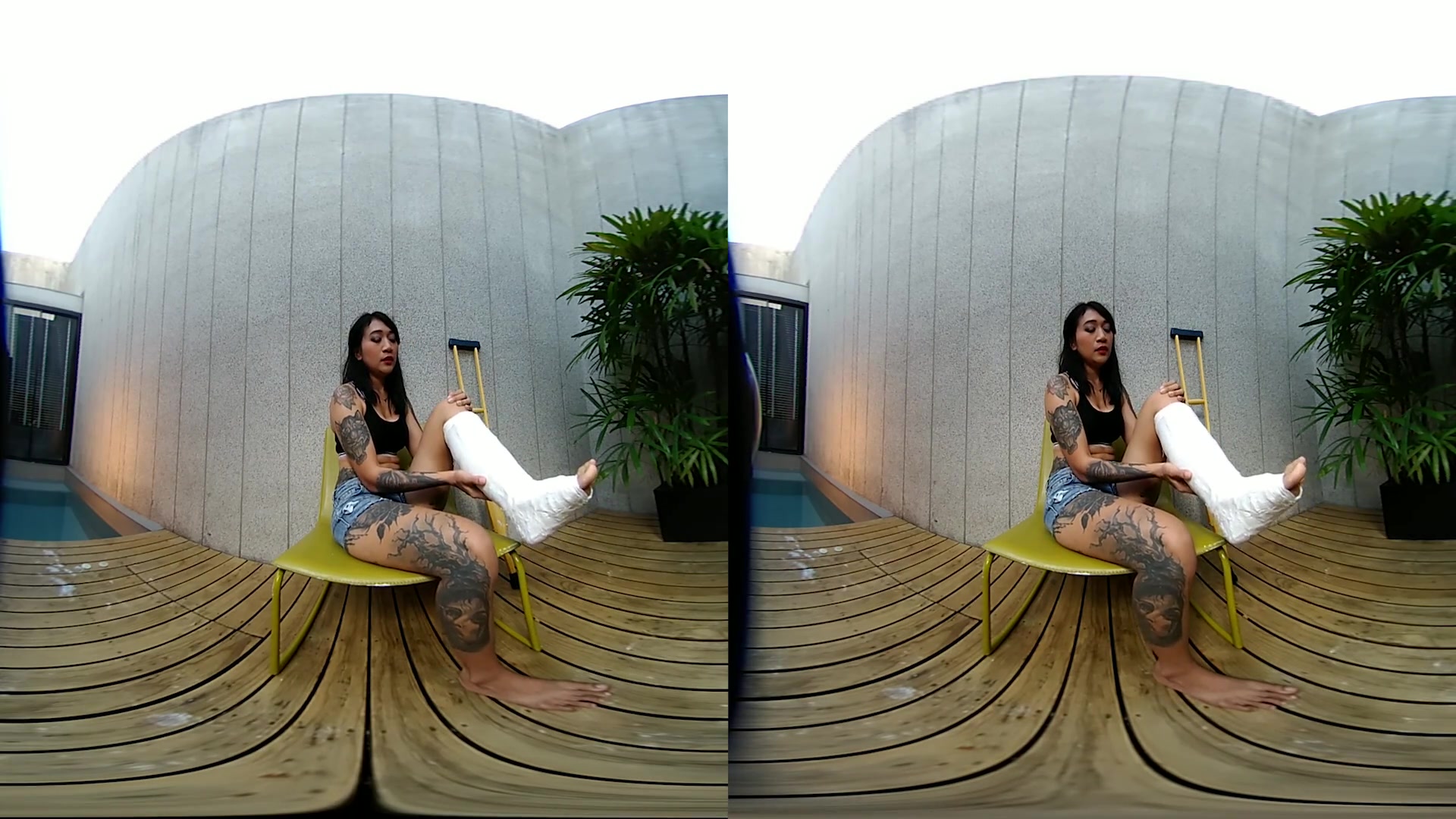 Tattooed Asian Model With Short Cast Leg (SCL) - VRpussyVision