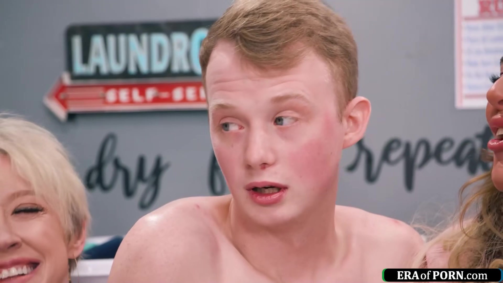 Young guy is sucked and fucks busty milfs in a laundry room