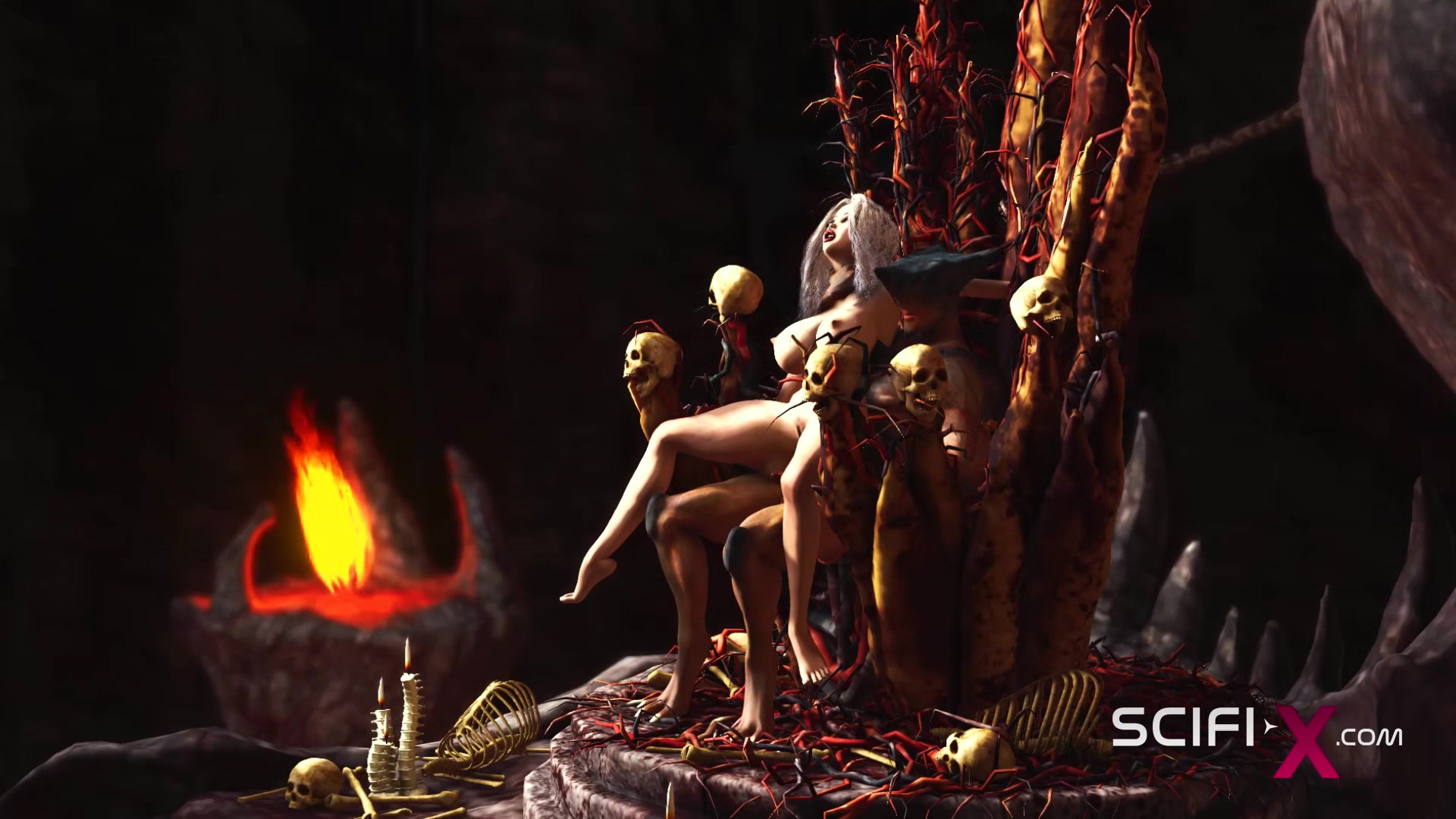A horny hottie gets fucked by a male alien in the fire cave