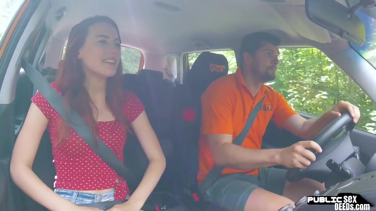 Redhead slut fucked outdoor in the car by driving tutor