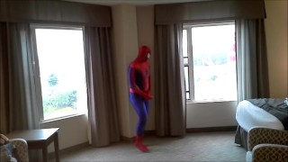 spiderman jerking off at hotel window