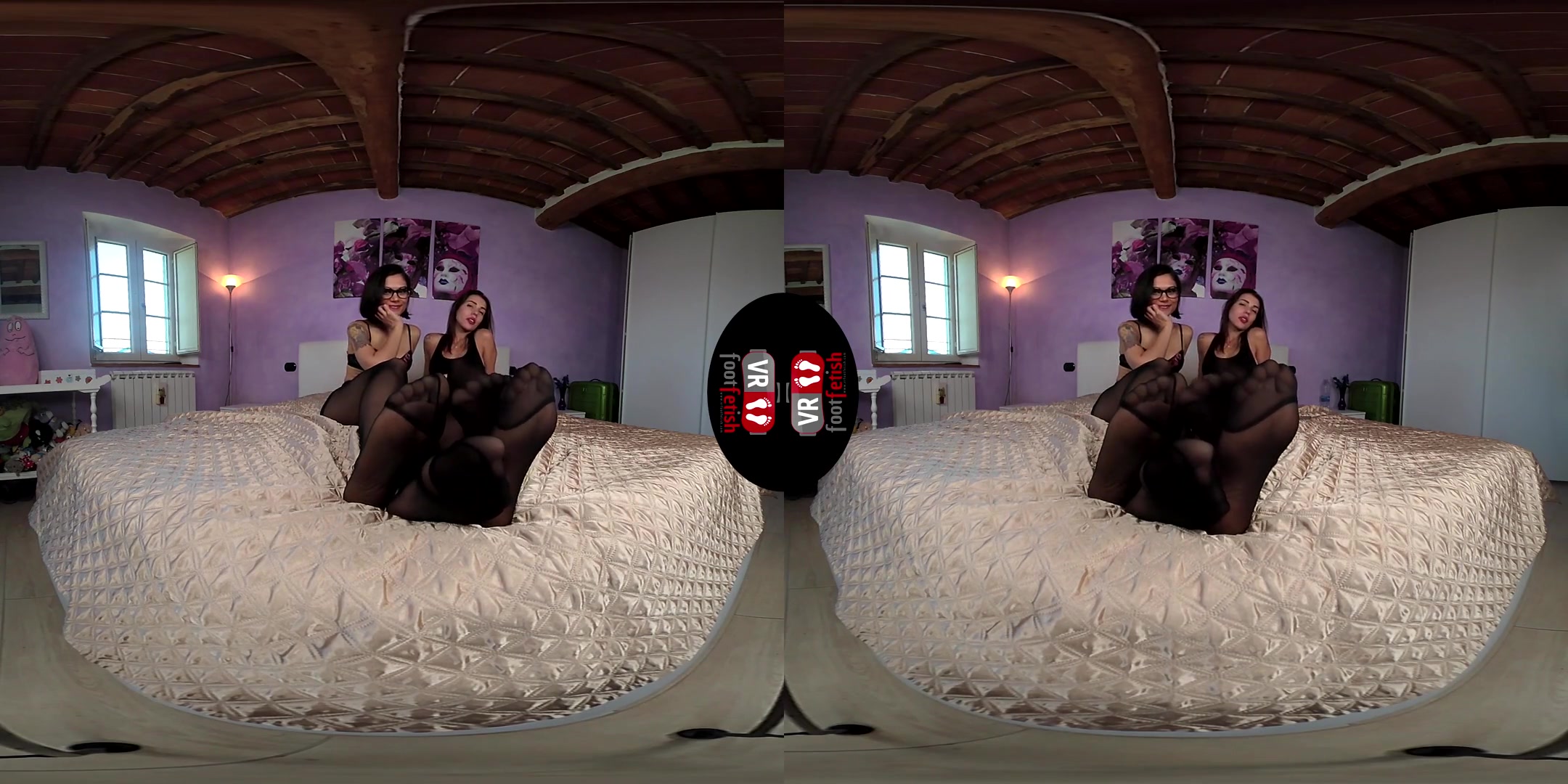 Brunette Power: Chiara and Petra Lay Down in a Bed in Black Nylons - Stockings Foot Fetish Lesbian Feet